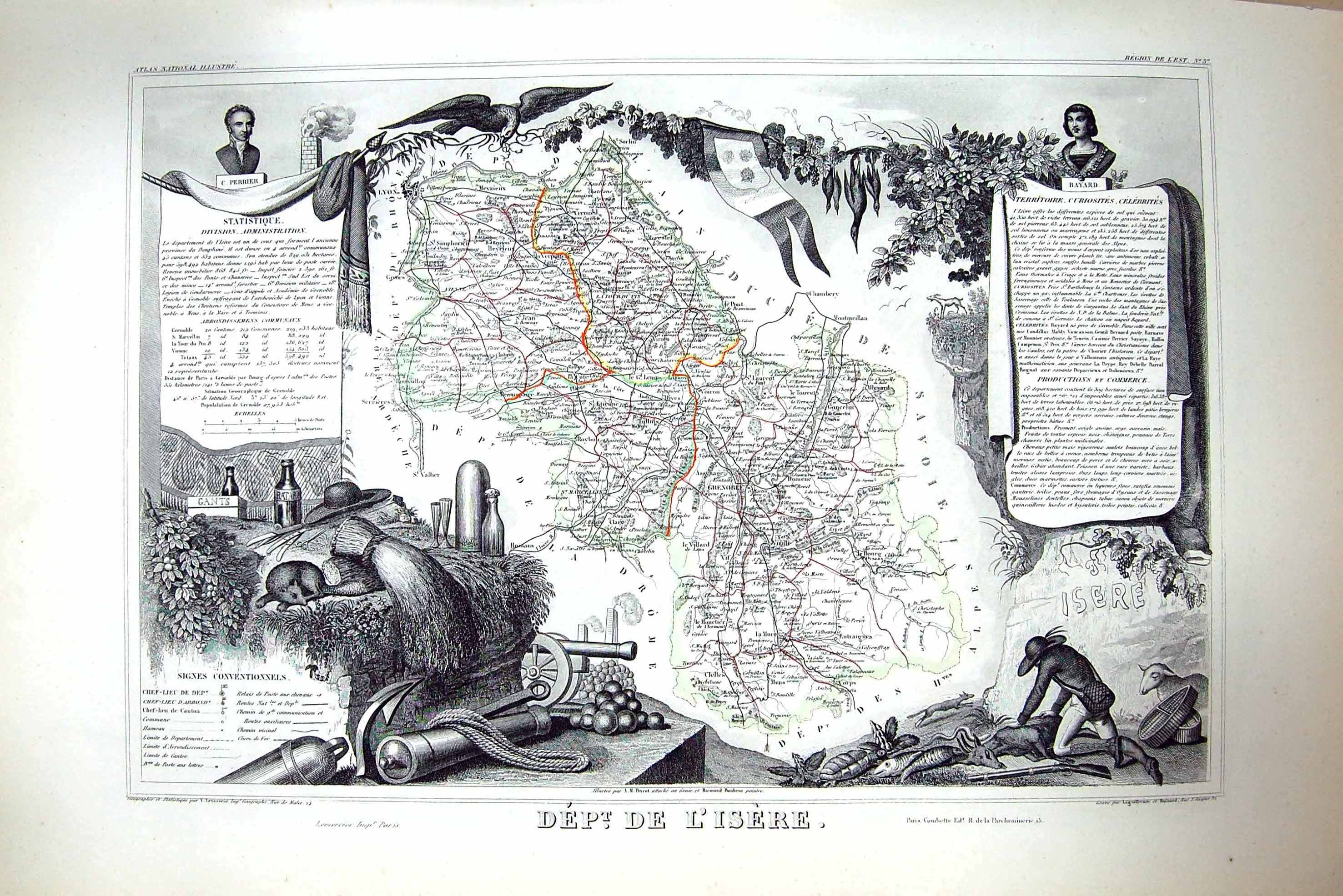 Antique Old Print French Map C1845 De L'Isere France Grenoble Perrier Bayard