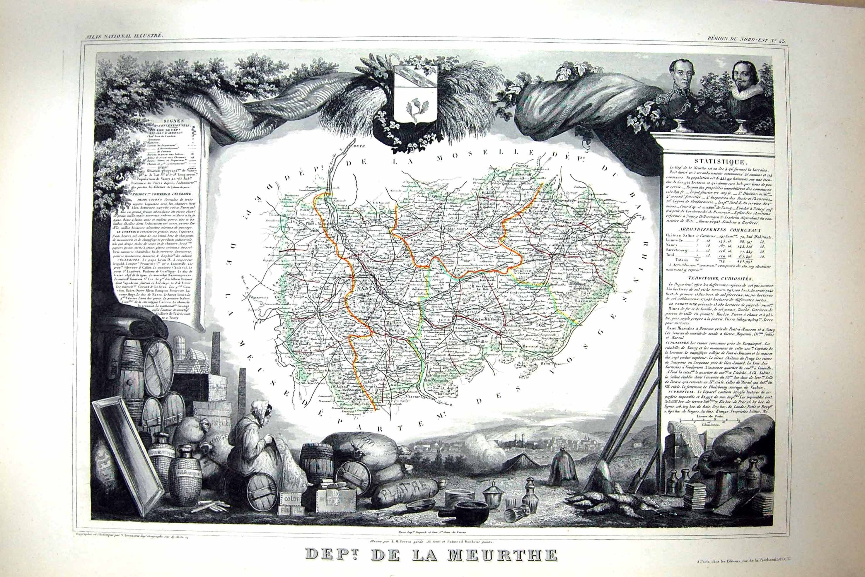 Antique Old Print French Map C1845 De La Meurthe Moselle Vosges Drouox Calot