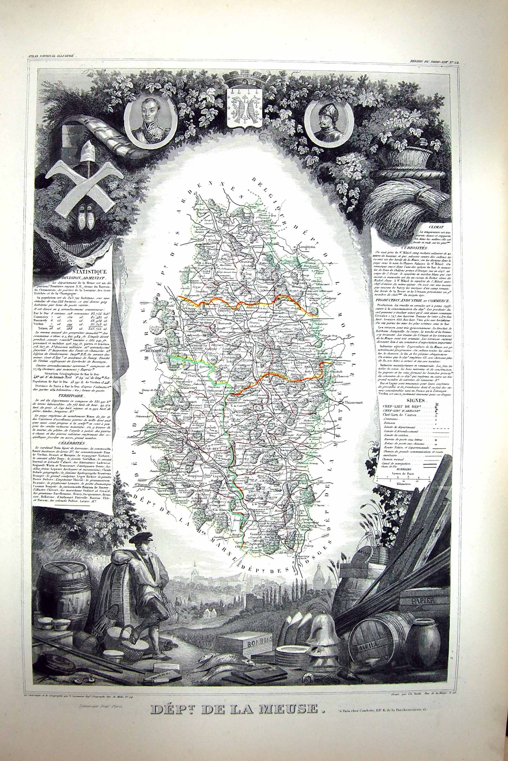 Antique Old Print French Map C1845 De La Meuse France Verdun Charny Clermont
