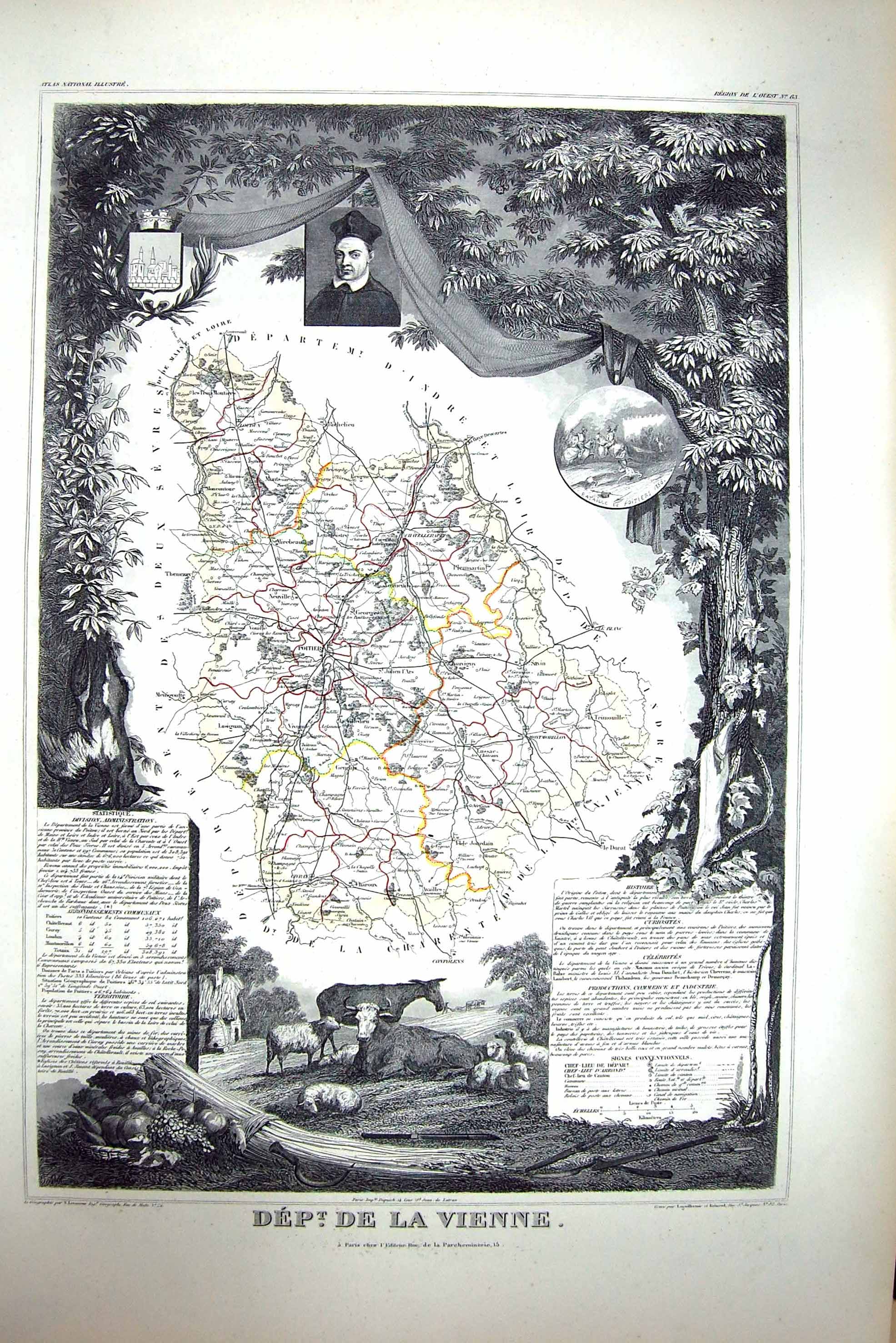 Old French Map C1845 De La Vienne Poitiers Chanvigny Le Blanc France Victorian