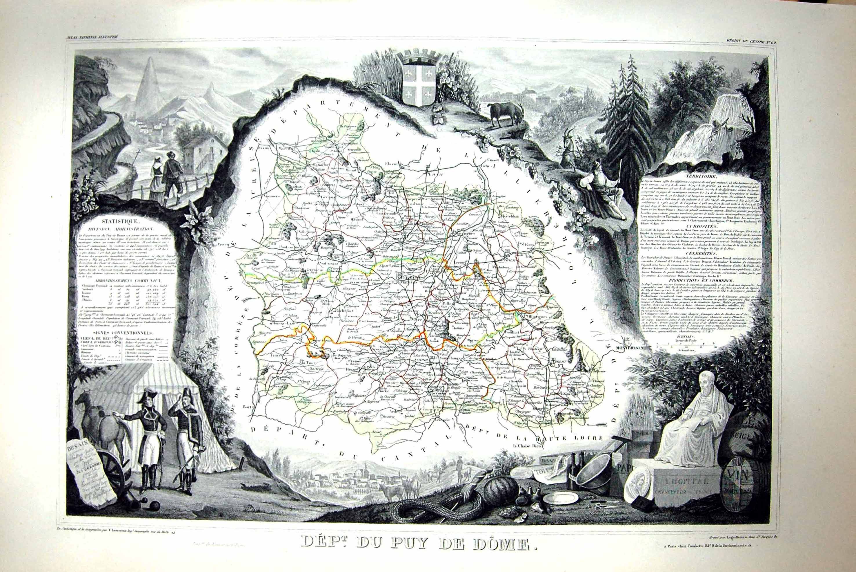 Antique Print French Map C1845 Du Puy De Dome France Clremont Hautte Loire 19th