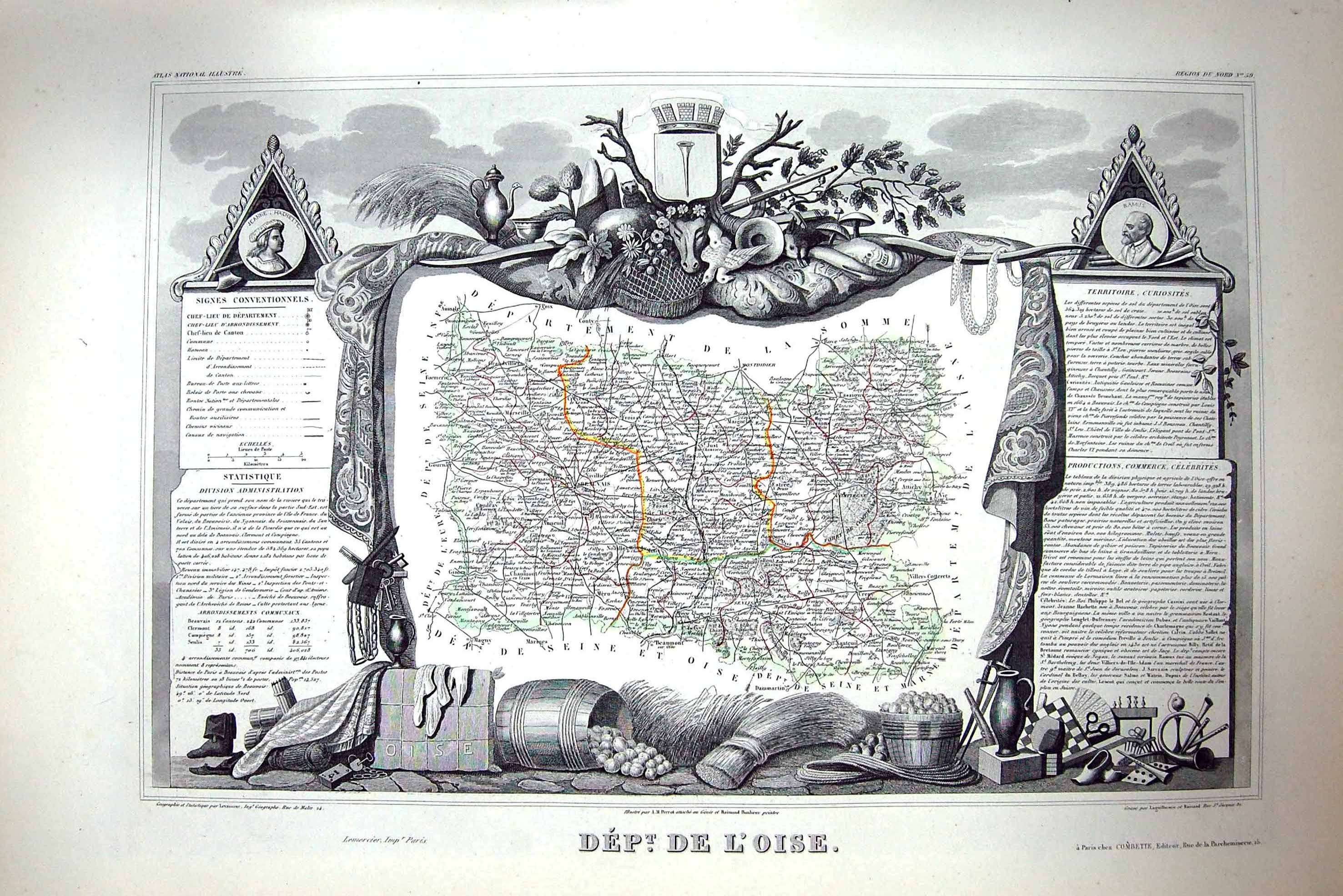 Antique Print French Map C1845 De L'Oise France Beauvais Senlis Somme Siene