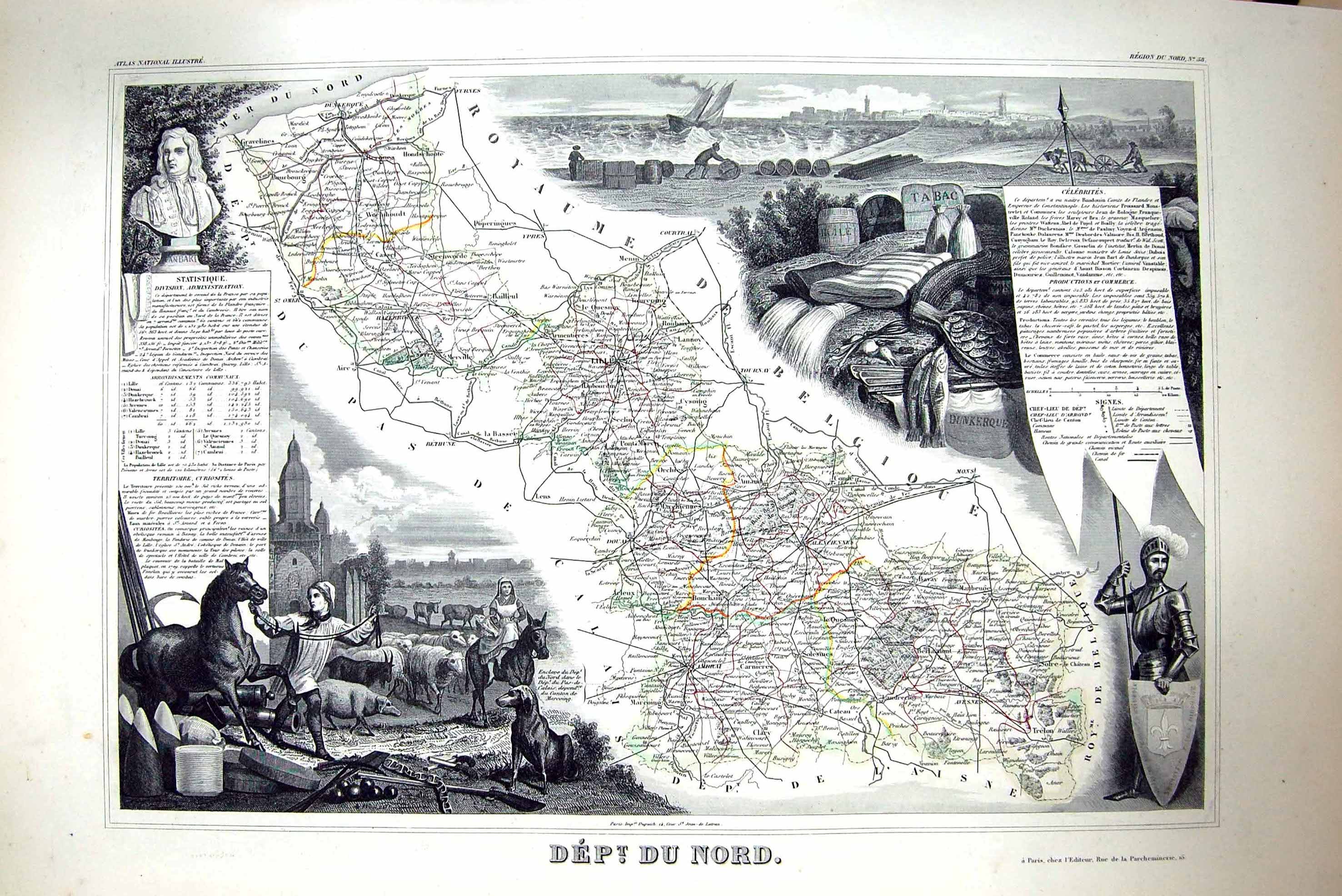 Antique Print French Map C1845 Du Nord France Ambrai Solemes Lille Avenses 19th