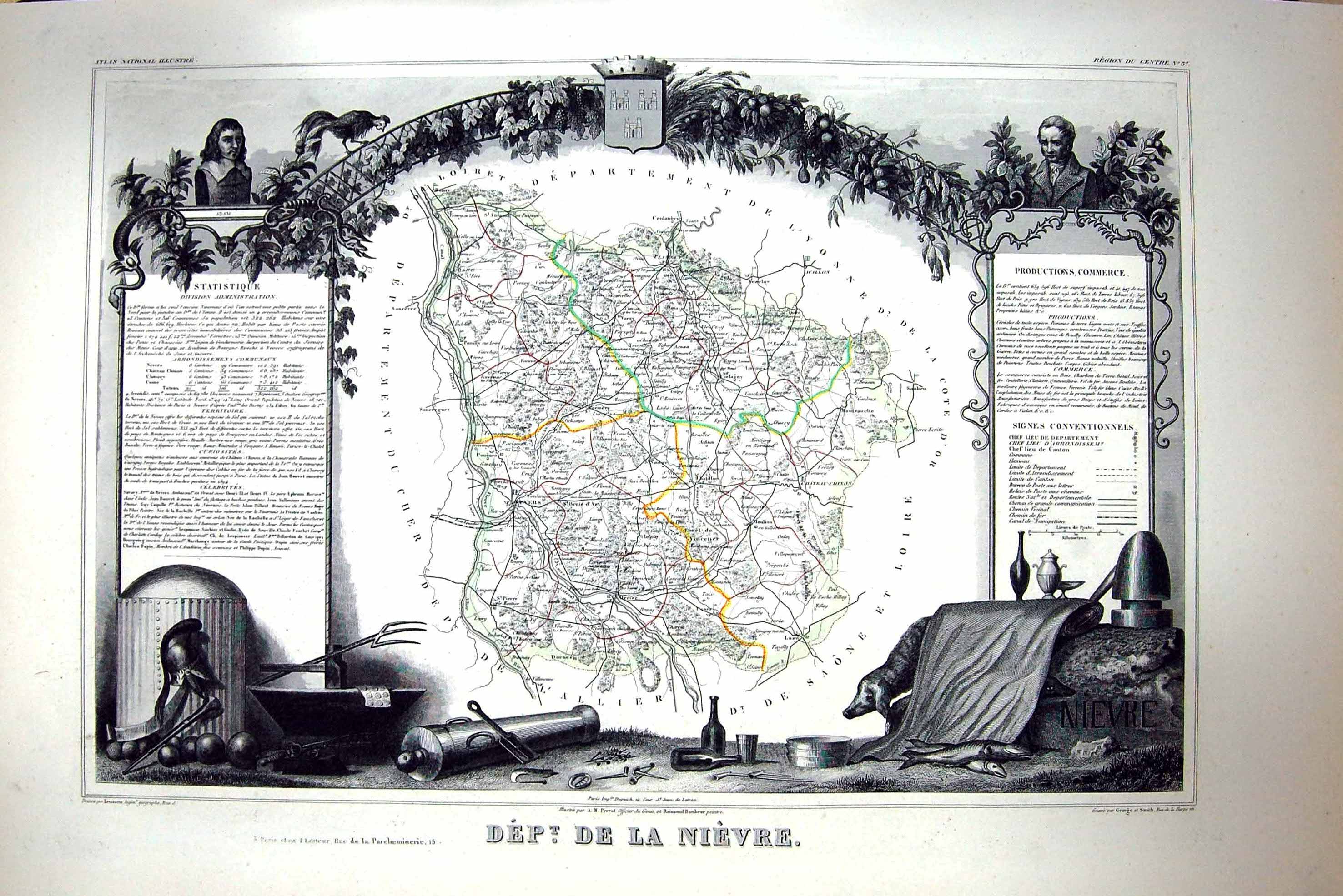 Antique Print French Map C1845 De La Nievre Lyon Du Cher Saone Loire France