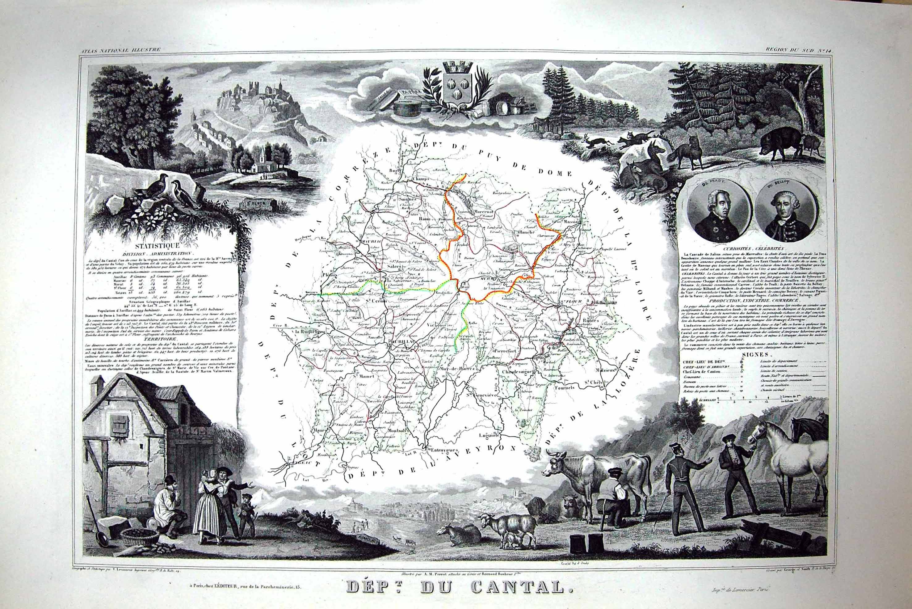Antique Print French Map C1845 Du Cantal France St. Flour Mauriac Aurillac 19th