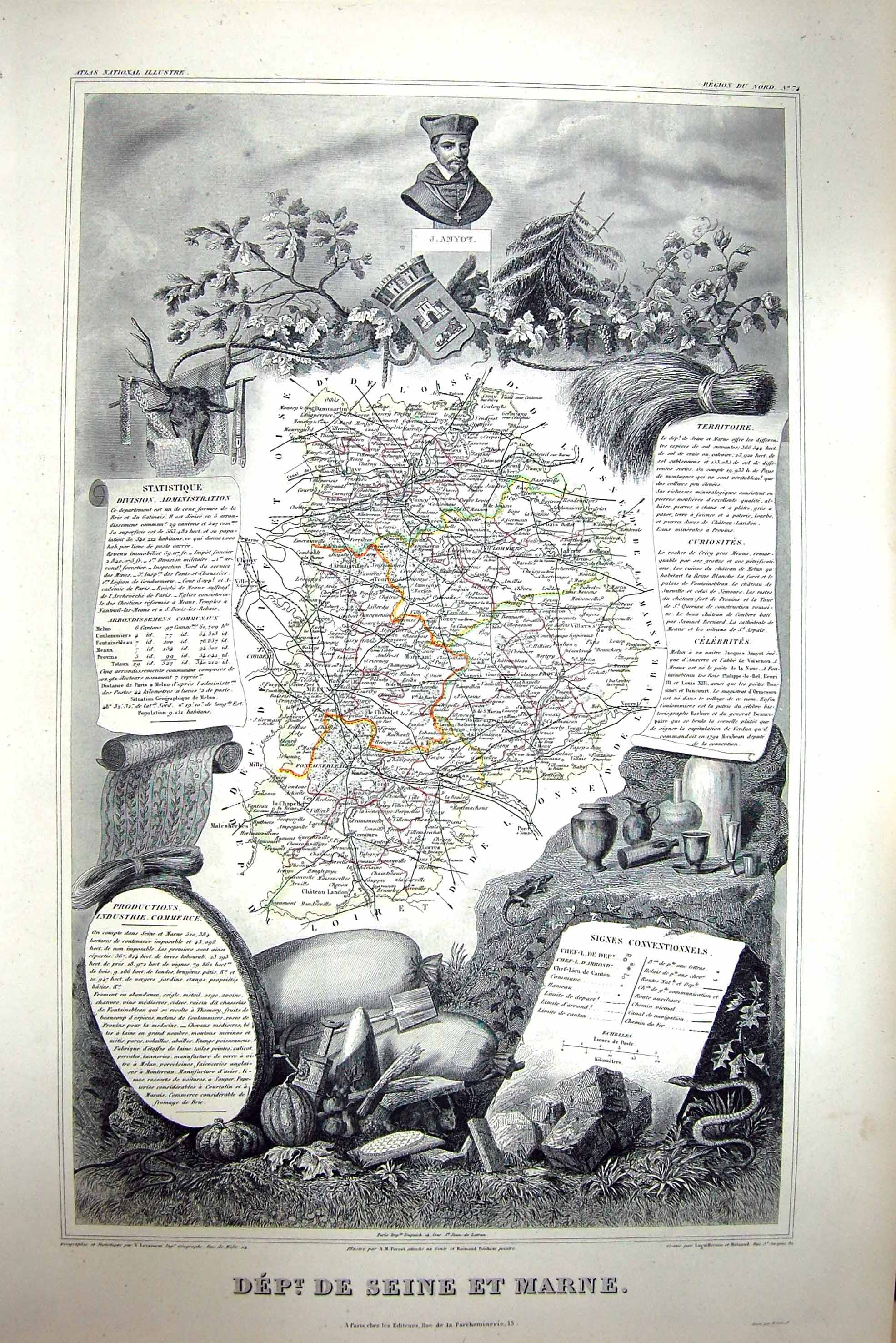 Antique Print French Map C1845 De Seine Et Marne France Melun Amyot Proven 19th