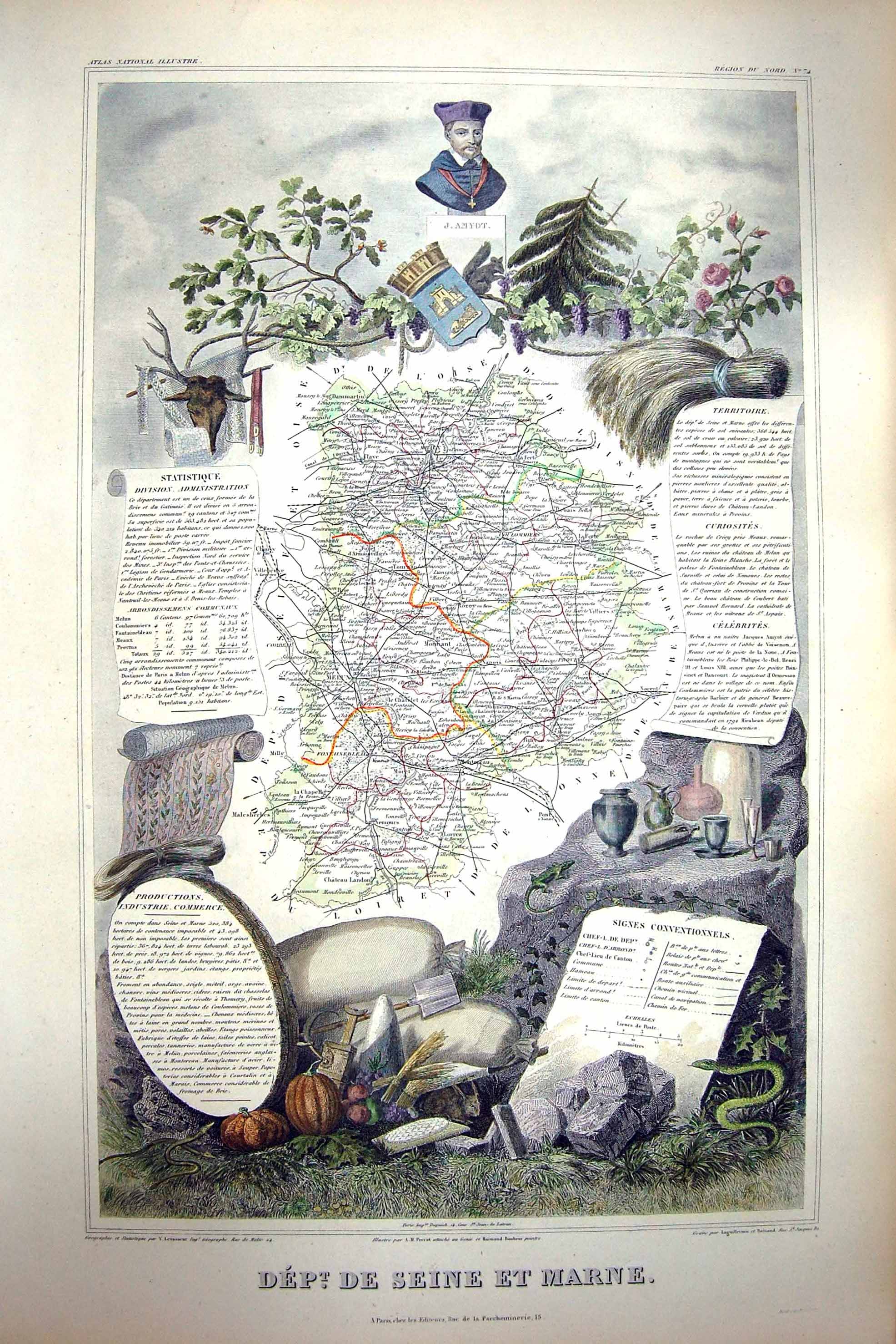Antique Old Print French Map C1845 De Seine Et Marne France Medun Coulommiers