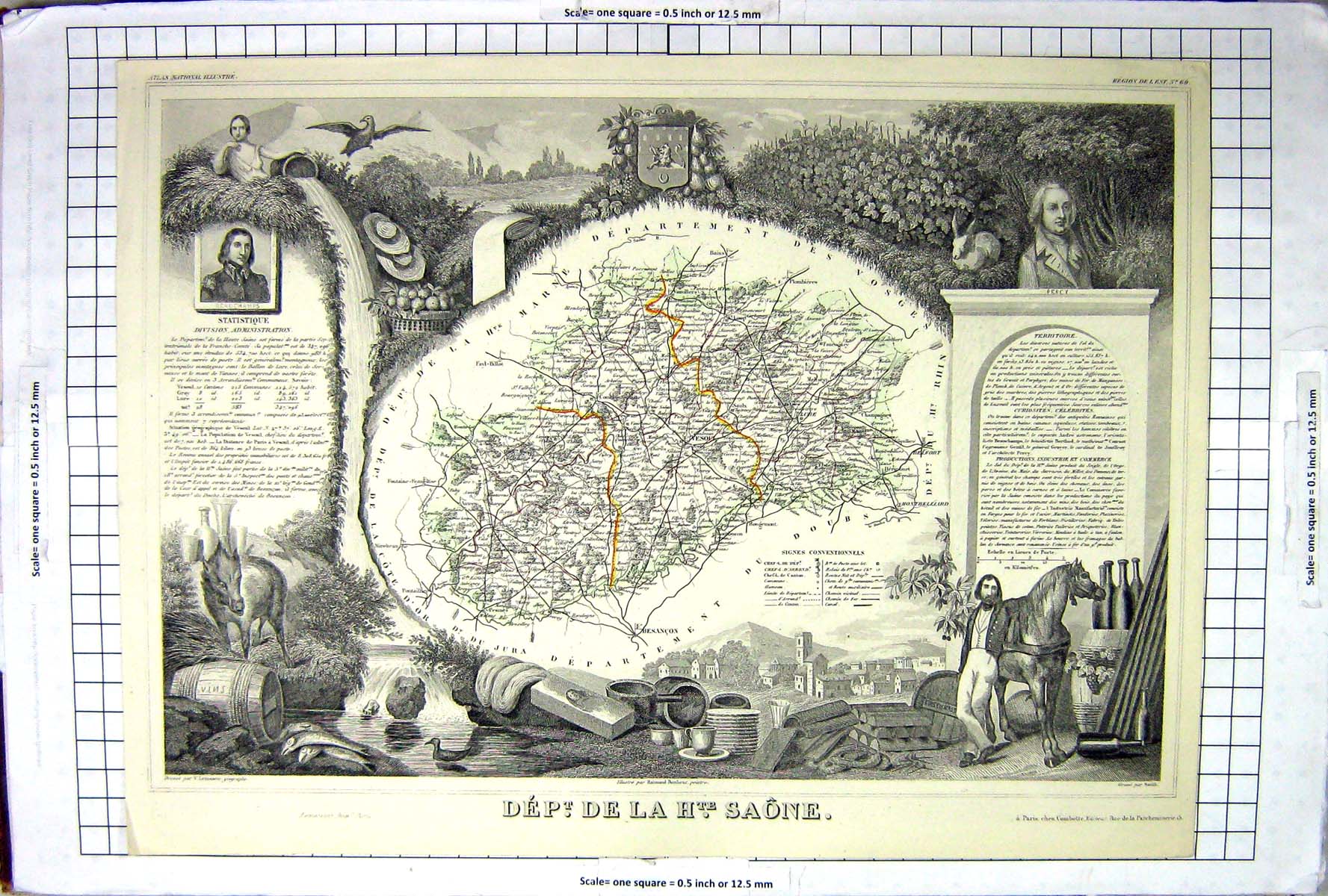 Antique Old Print French Map C1845 De La Saone France Vesoul Voseges Marne 19th