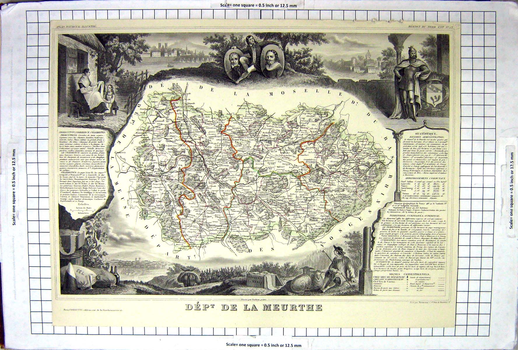 Antique Old Print French Map C1845 De La Meurthe Nancy Moselle Meuse France