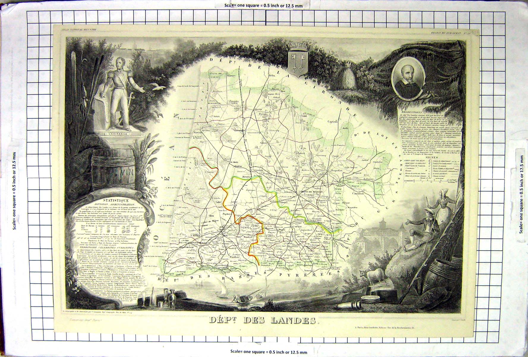 Old French Map C1845 Des Landes France Mont De Marsan Vincent Gironde Victorian