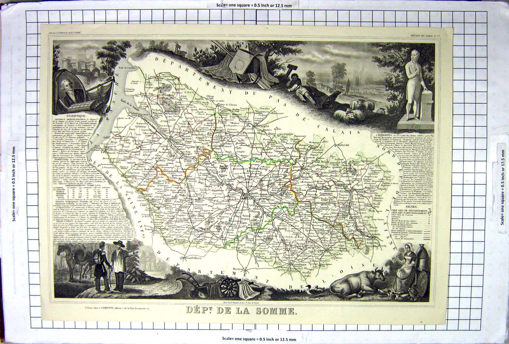 Antique Old Print French Map C1845 De La Somme Amiens France Combles Bapaume