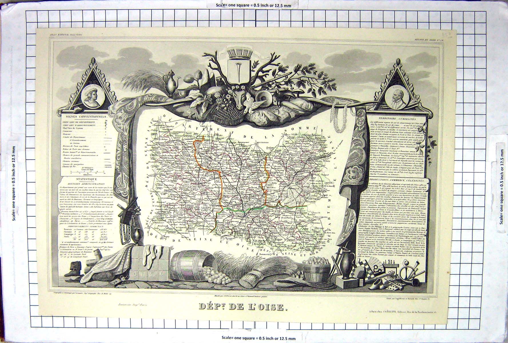 Antique Old Print French Map C1845 De L'Oise France Beauvais Champiegne Somme