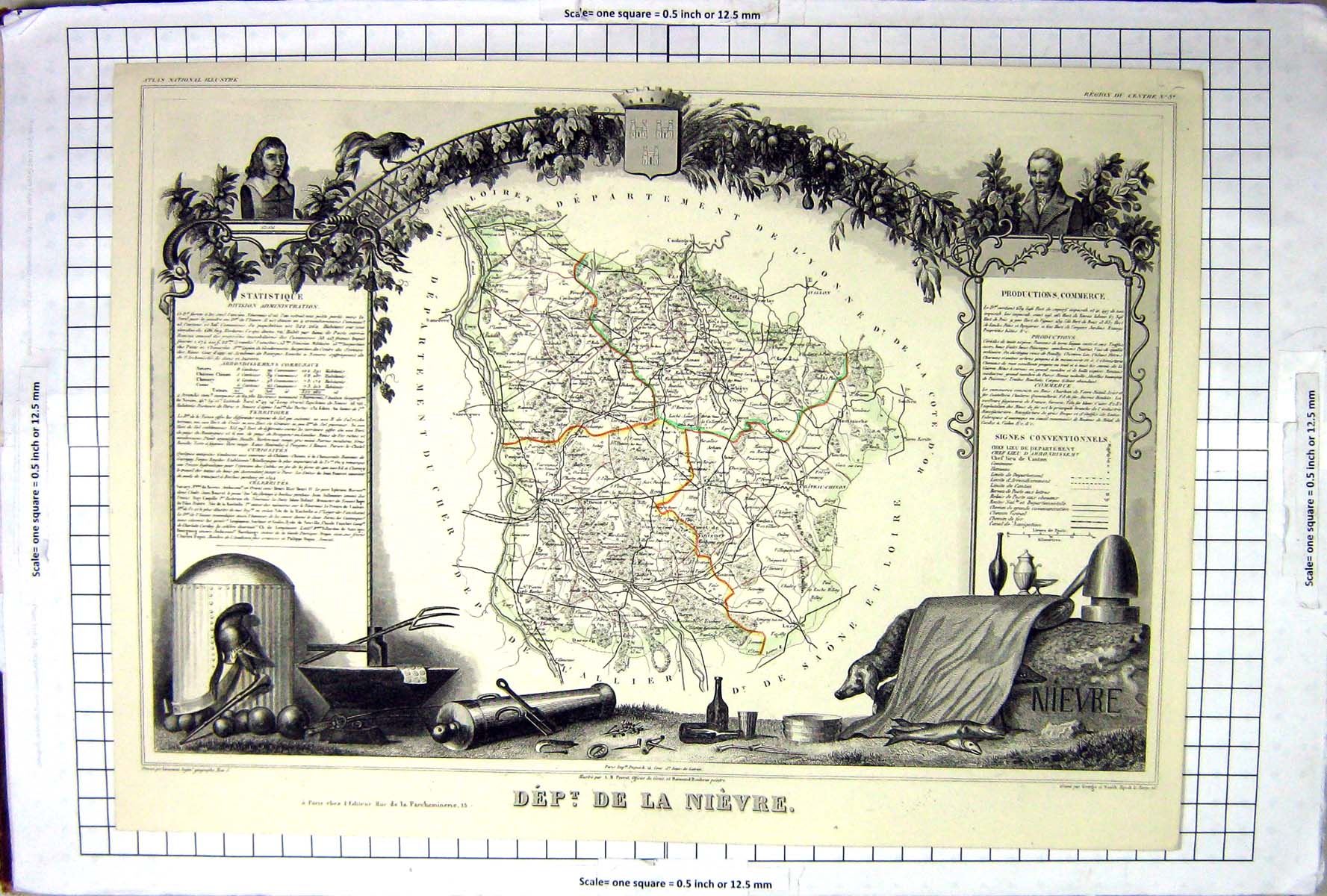 Antique Old Print French Map C1845 De La Nievre France Loire Chateau-Chinon