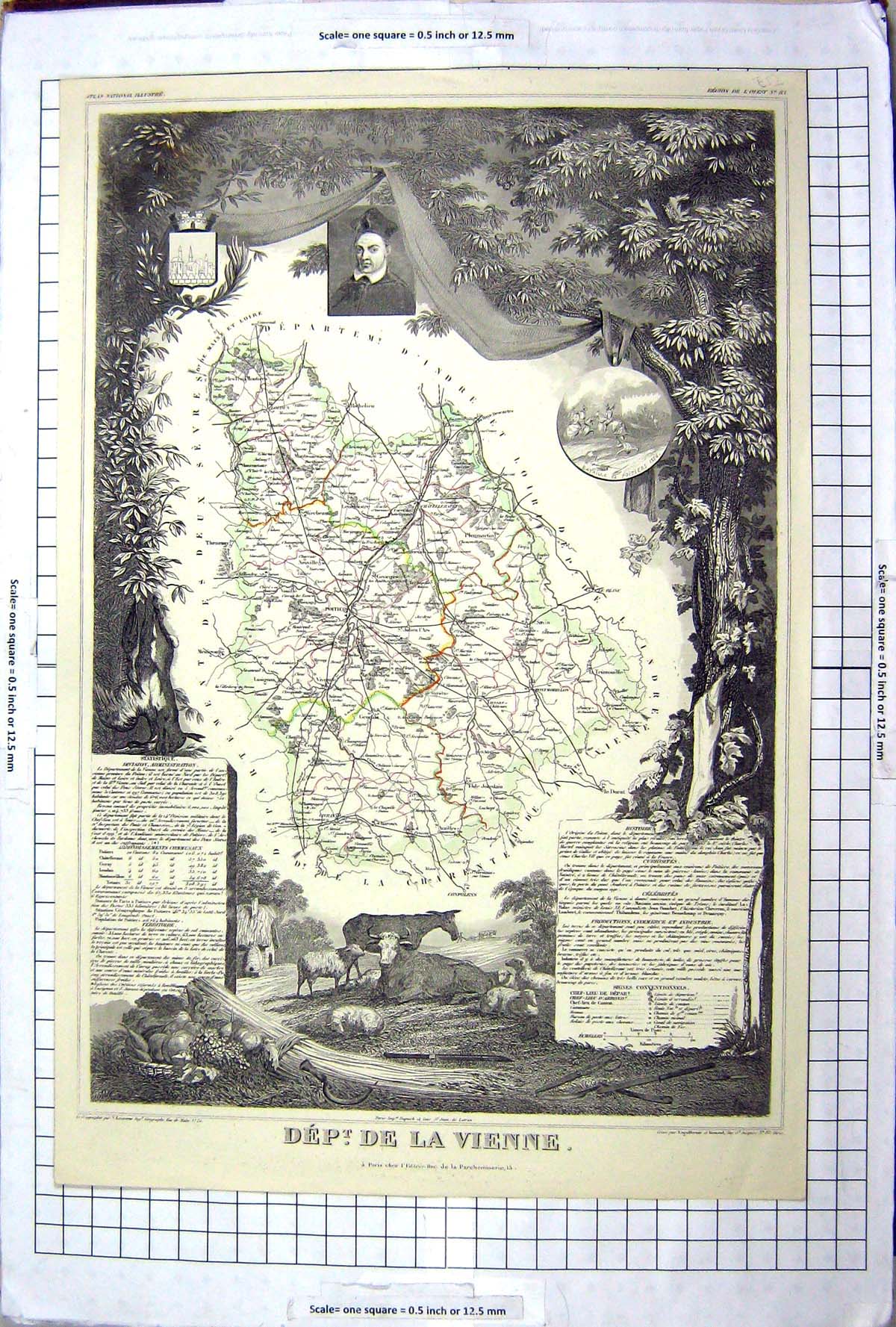 Antique Old Print French Map C1845 De La Vienne Poitier Charente Loire France