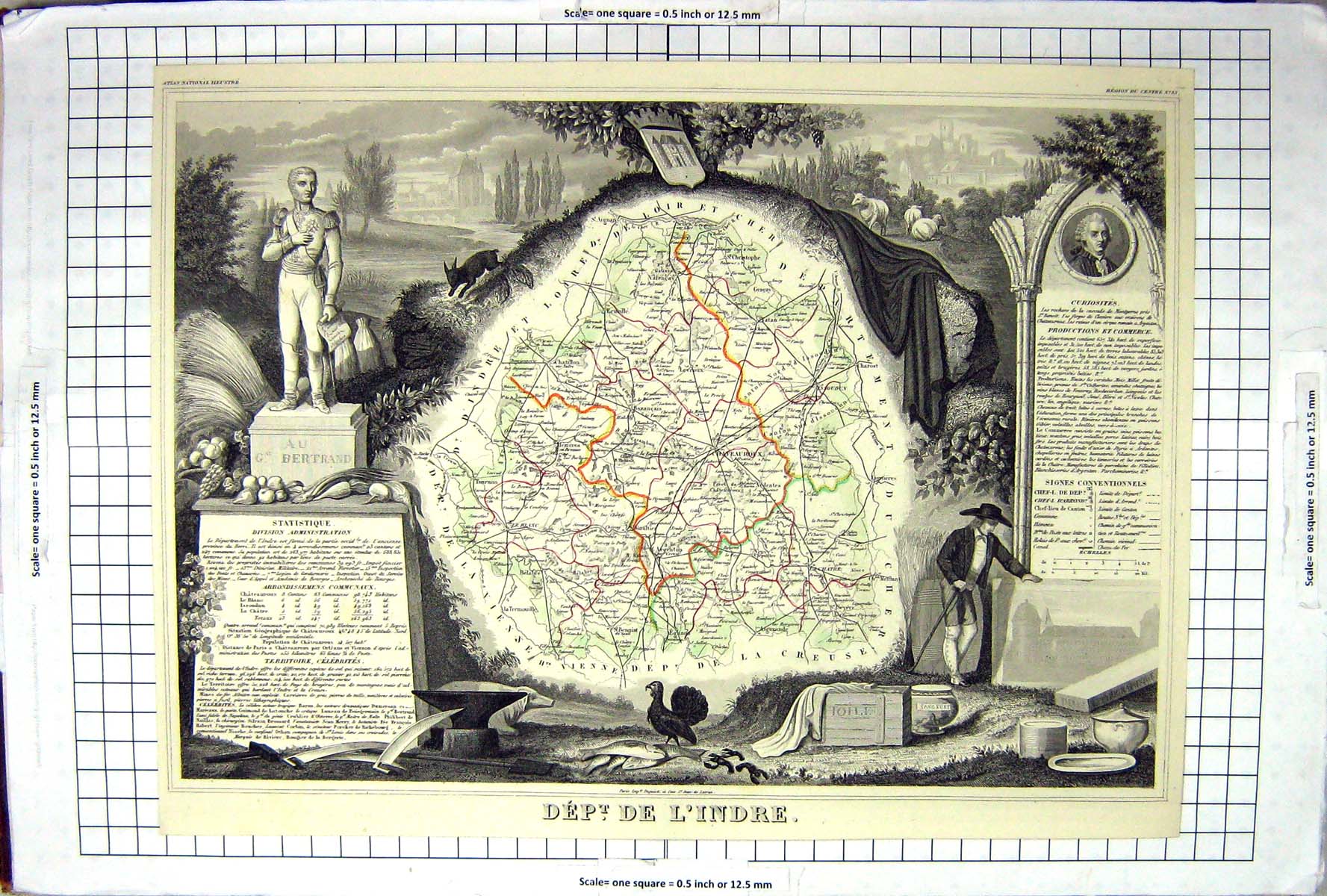 Antique Print French Map C1845 De L'Indre France Chateauroux Le Blanc Loire
