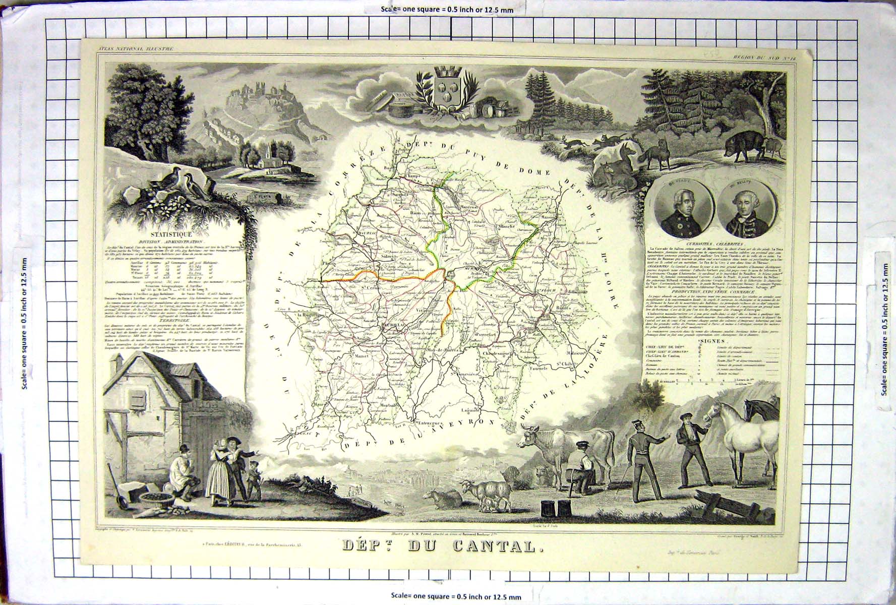 Antique Old Print French Map C1845 Du Cantal Massiac France Mauriac St. Flour