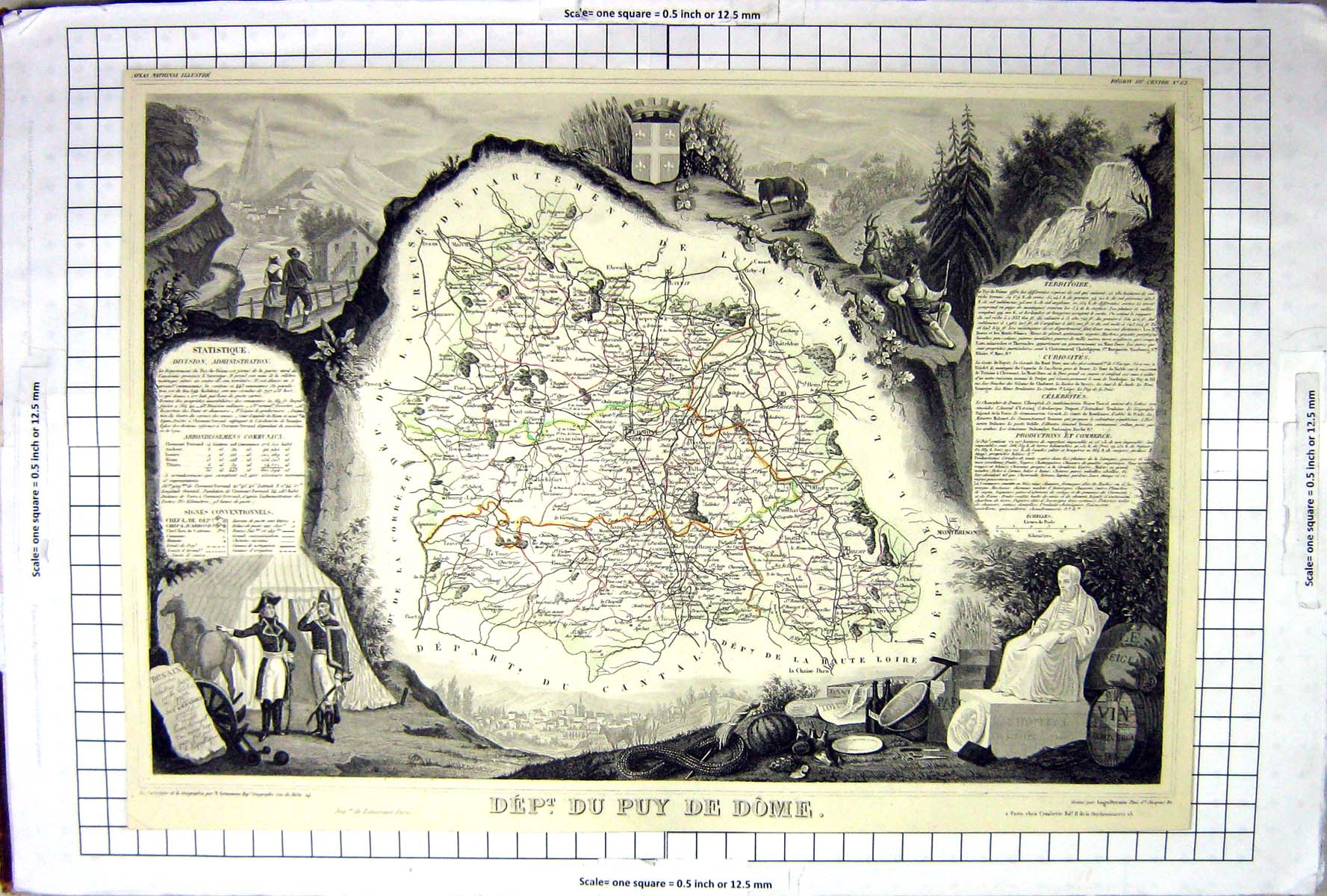 Antique Old Print French Map C1845 Du Puy De Dome France Clermont Montbrison