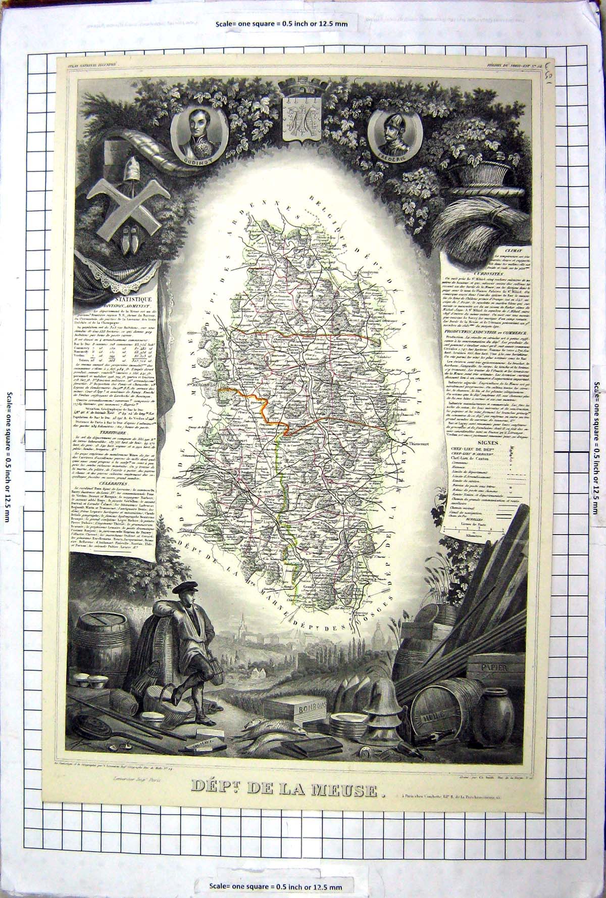 Old Print French Map C1845 De La Meuse France Verdun Thiancourt Louguyon 19th
