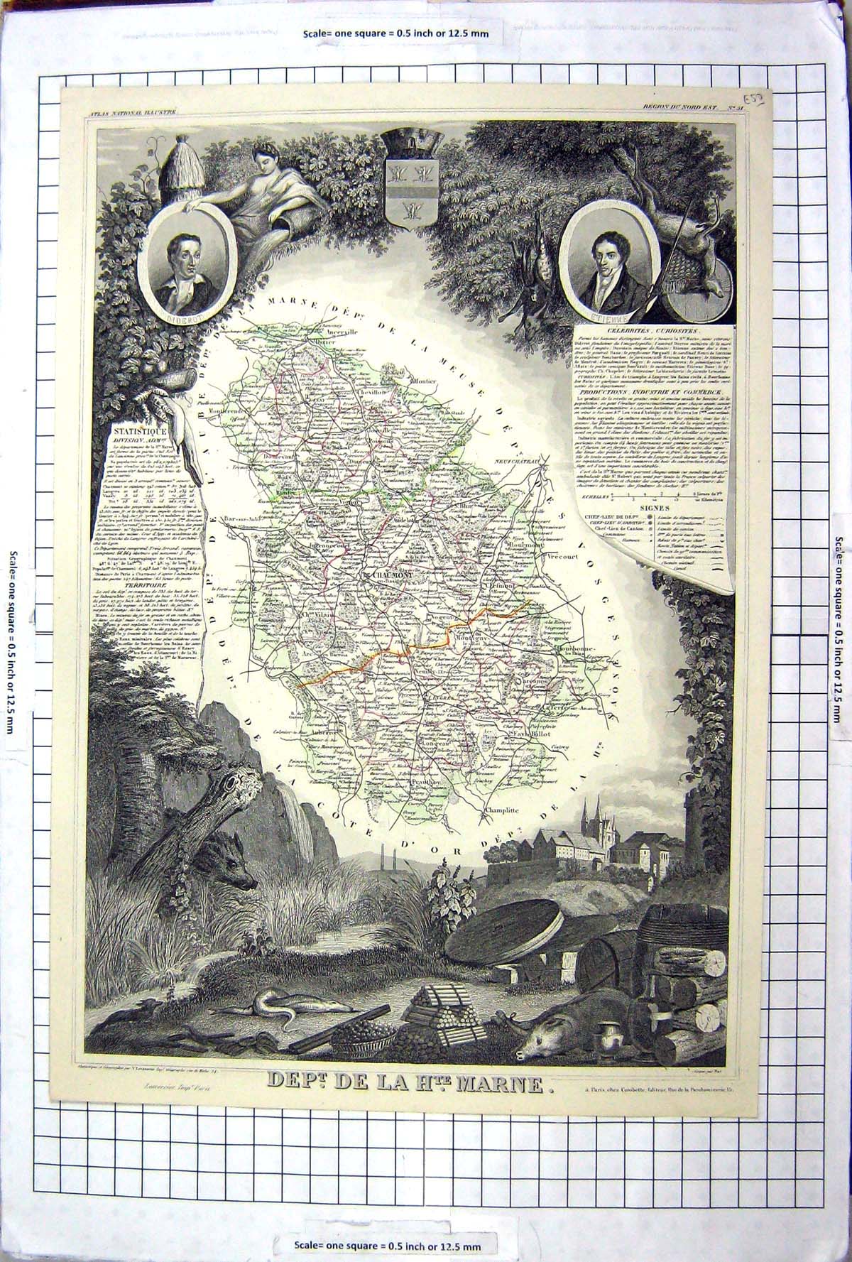 Old Print French Map C1845 De La Marne France Chaumont Chevillon Montier 19th
