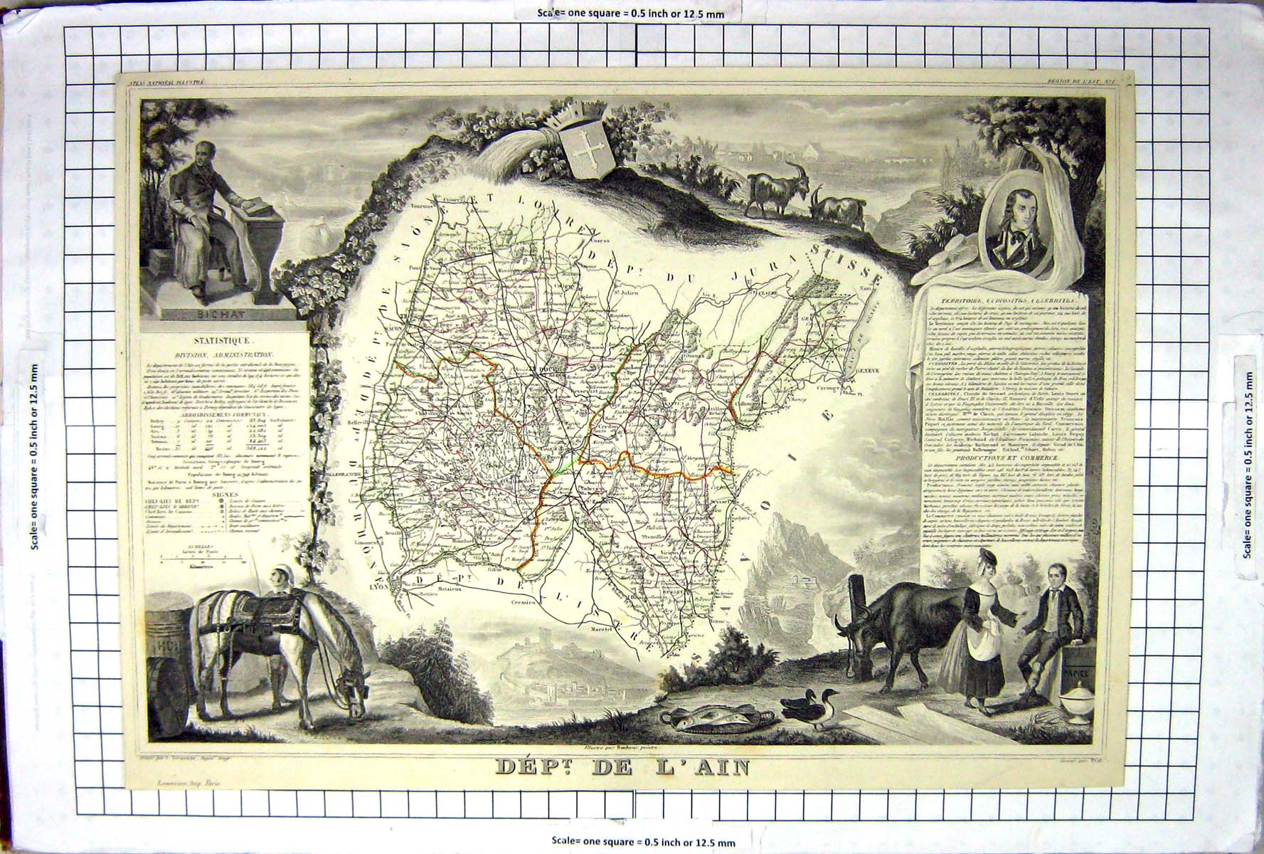 Antique Old Print French Map C1845 De L'Ain France Bourg Geneve Neuille Lyon