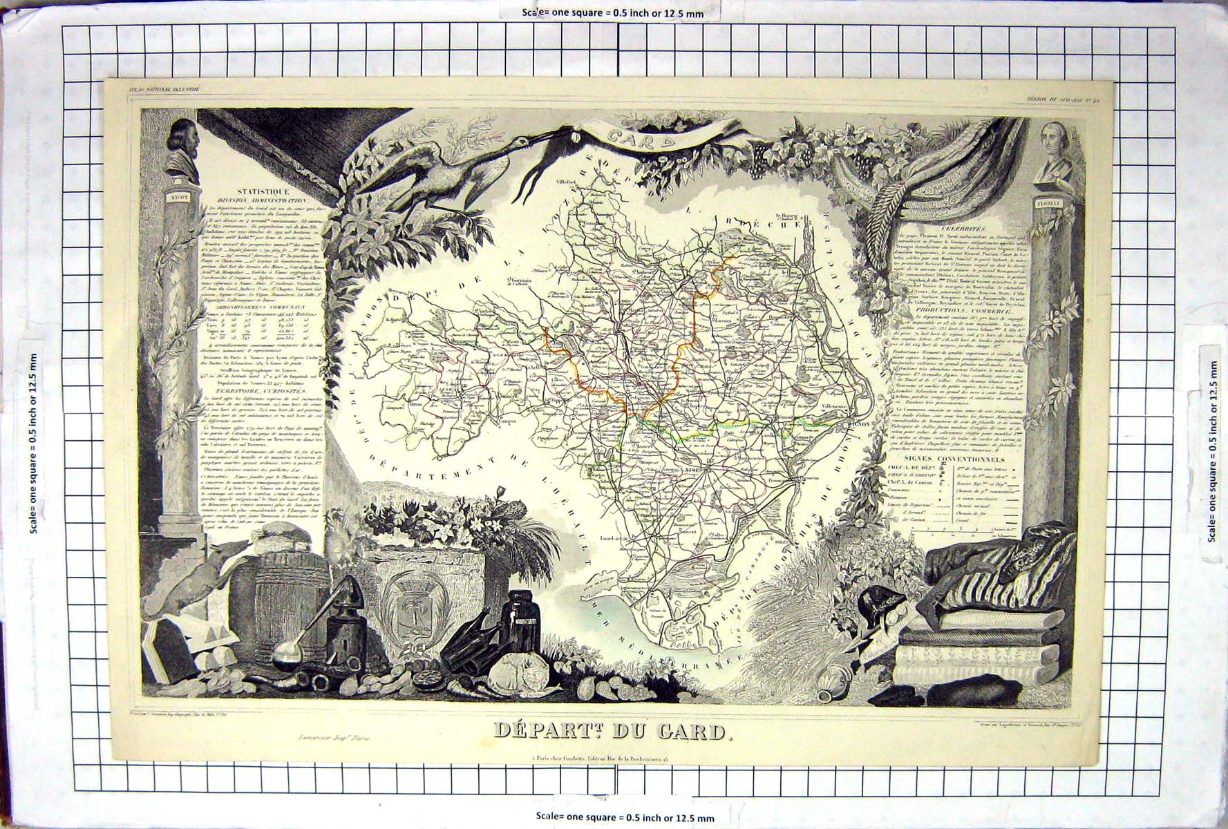 Antique Old Print French Map C1845 Du Gard France Nimes Wignon Alzon Lussan