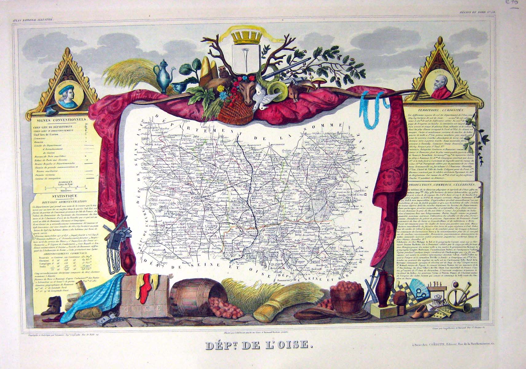 Antique Old Print French Colour Map C1845 De L'Oise Beauvais Compiegne France