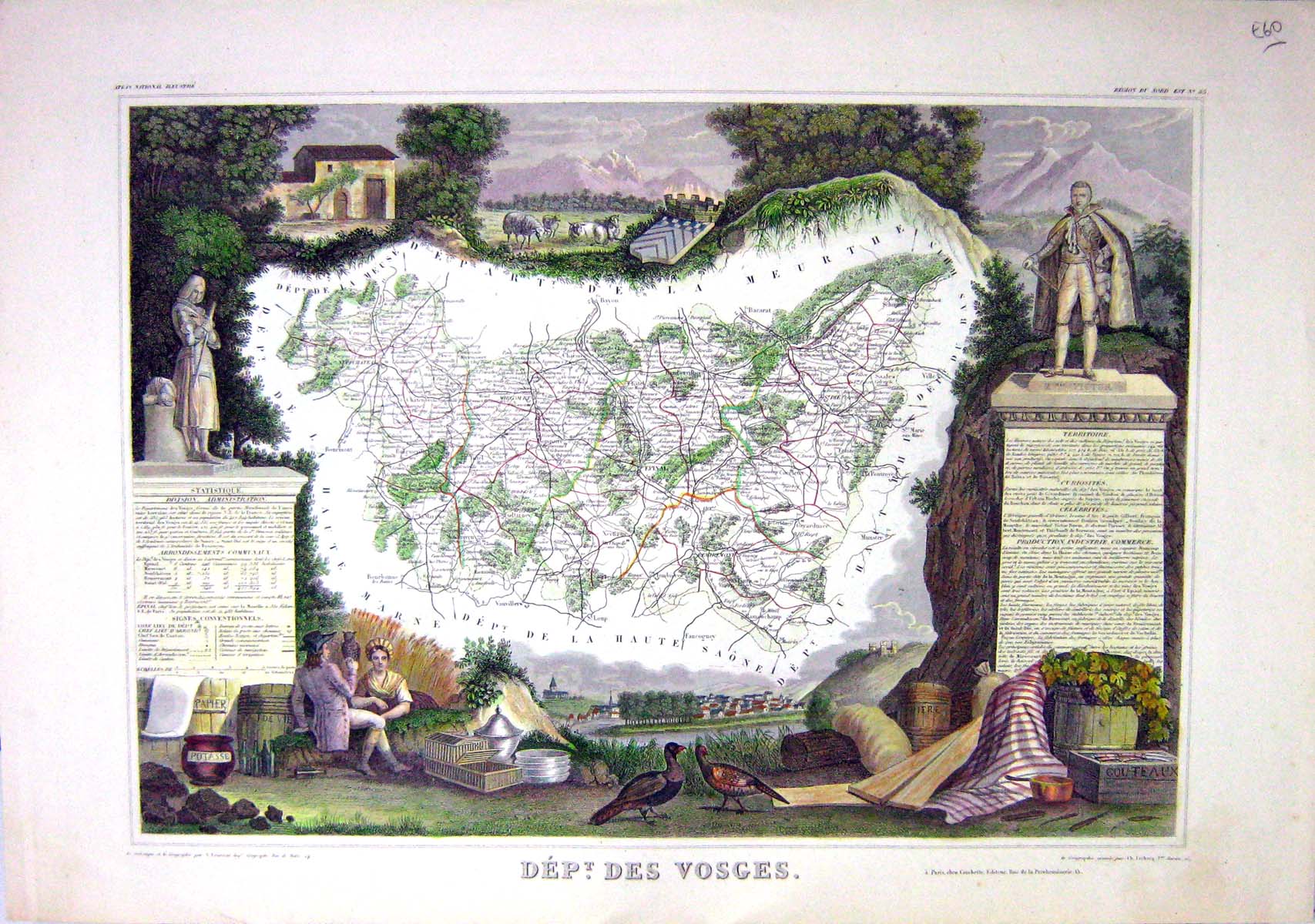 Old French Map C1845 Des Vosges France Epinal Marone St. Die Meurthe Victorian