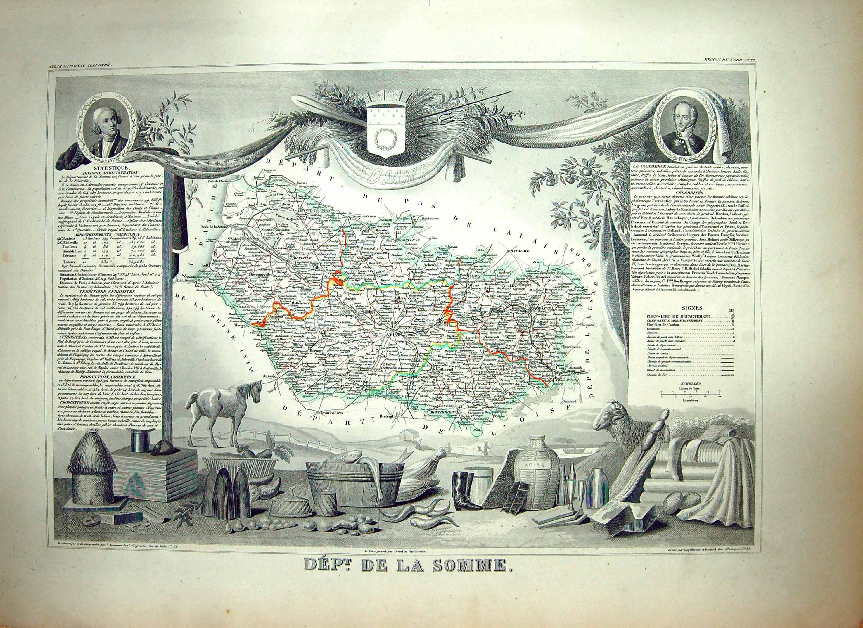 Antique Print French Map Levasseur C1845 De La Somme Amiens France Bapaume 19th