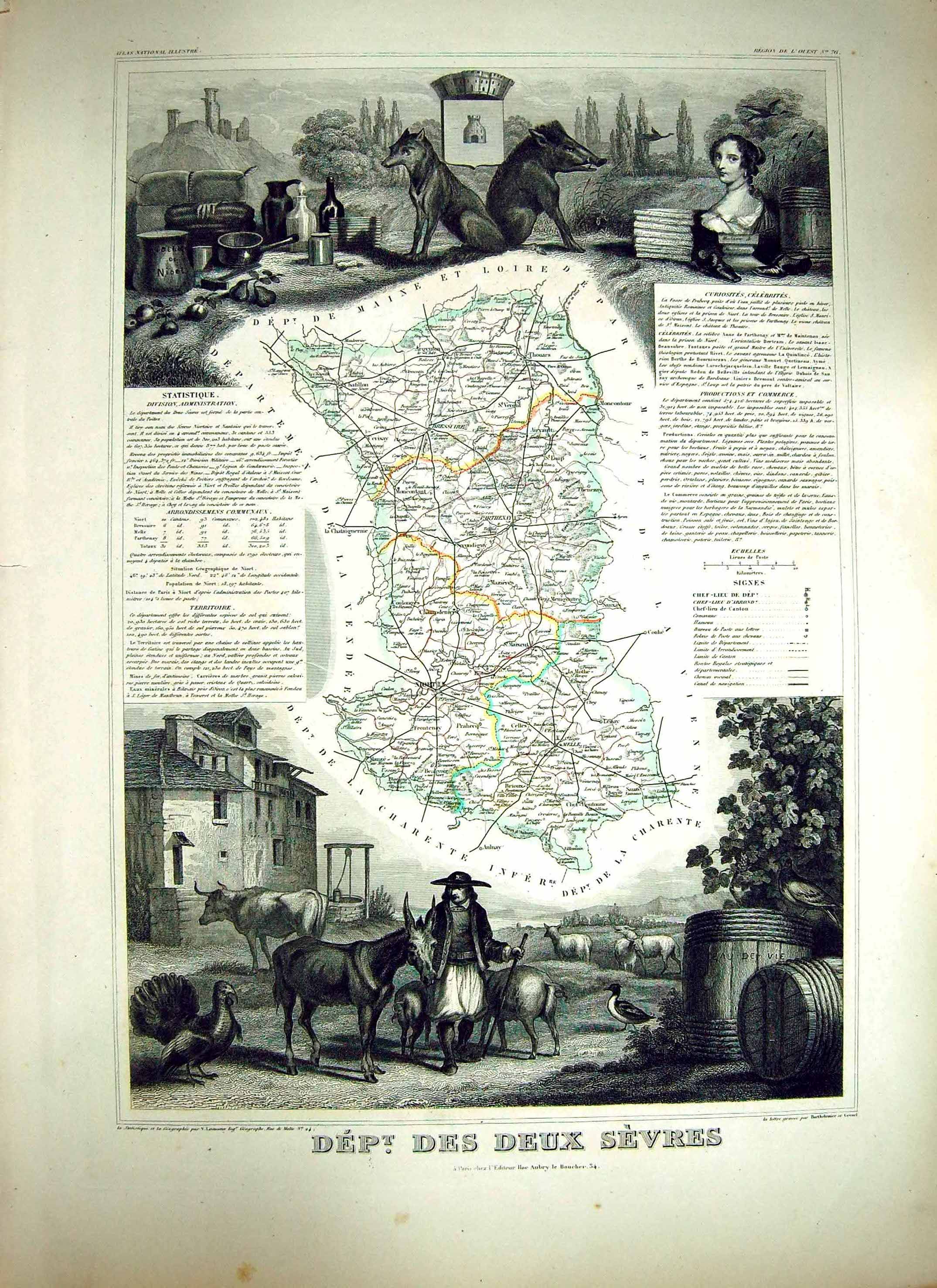 Antique Print French Map Levasseur C1845 Des Deux Sevres France Niort Melle