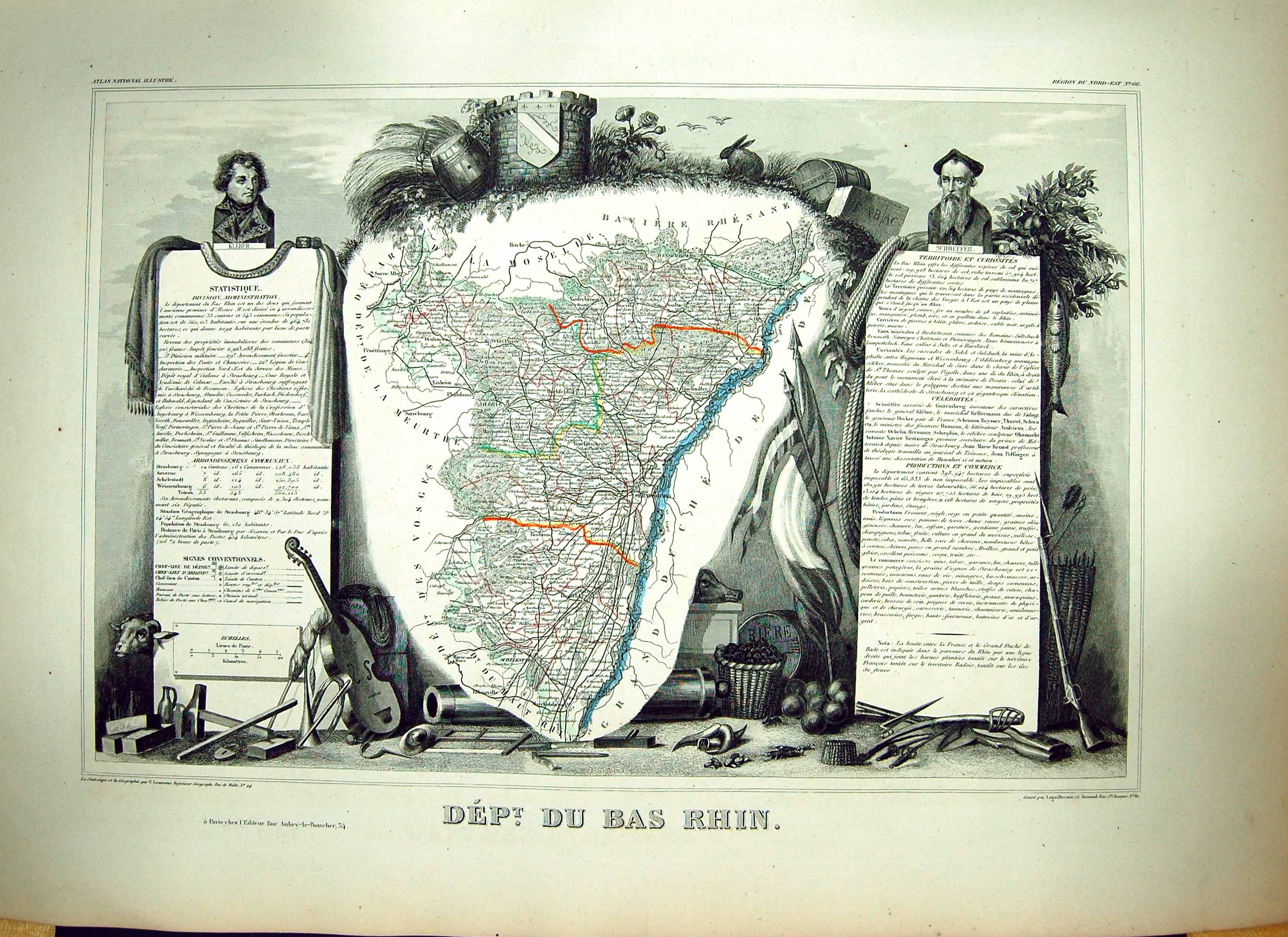 Old French Map Levasseur C1845 Du Bas Rhin France Strausgourg Moselle Victorian