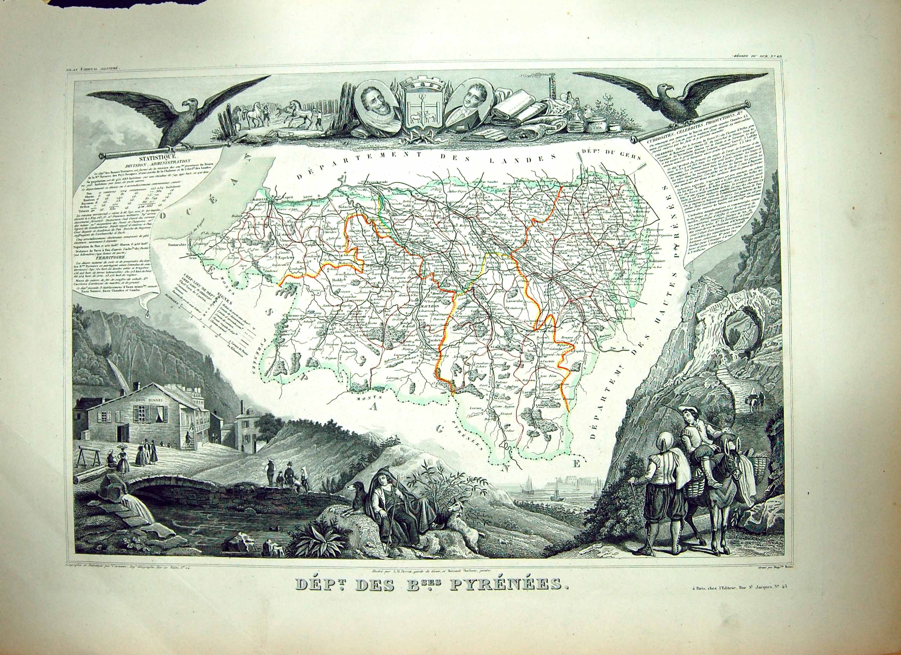 Antique Print French Map Levasseur C1845 Des Pyrenees France Orthez Mauleon