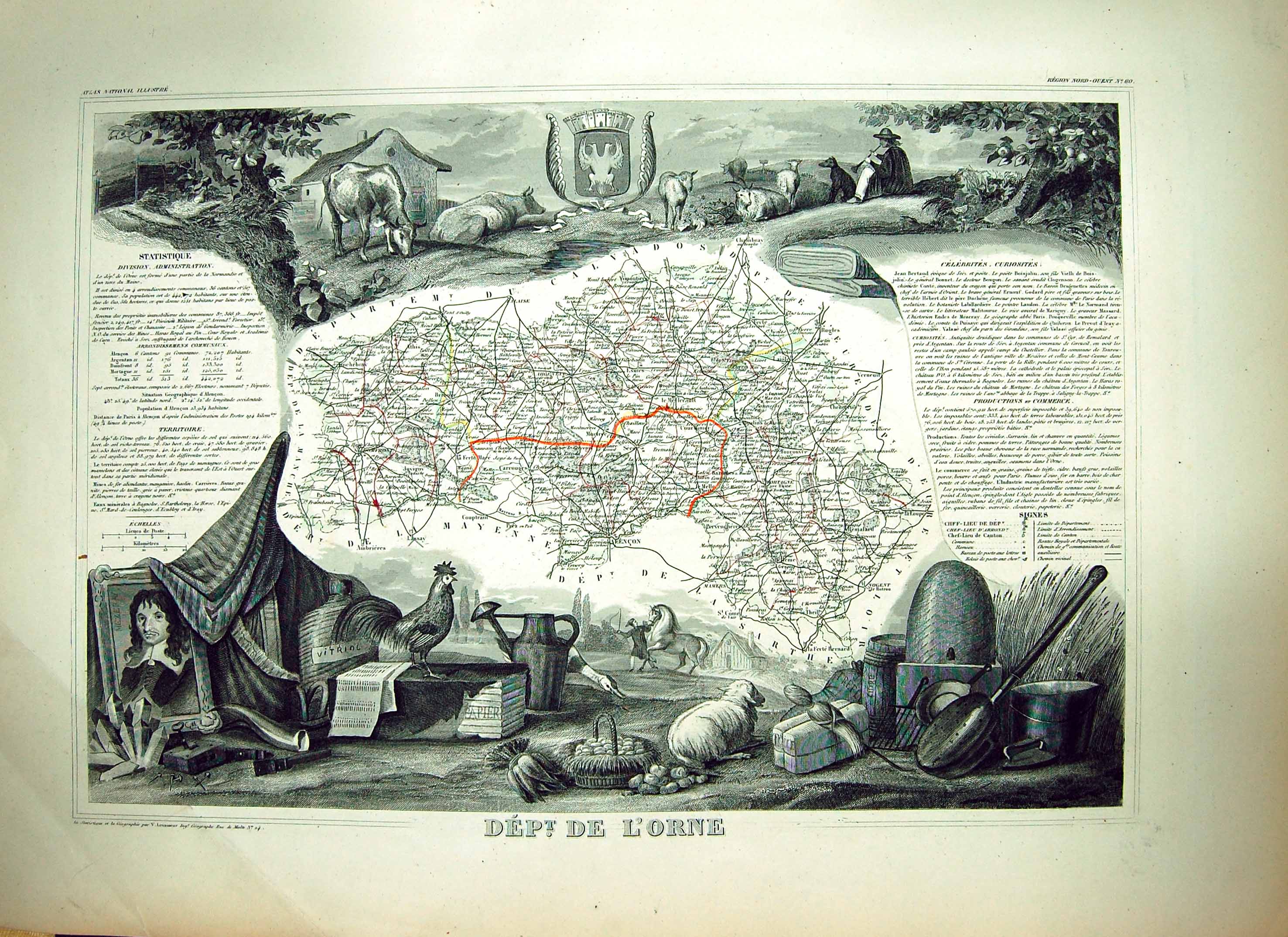 Antique Print French Map Levasseur C1845 De L'Orne France Mortagne Chambray