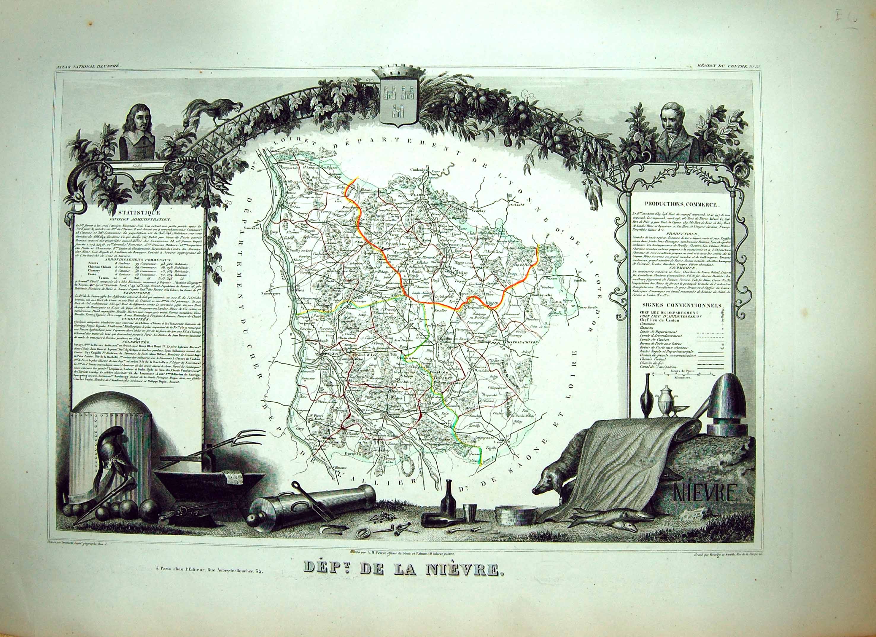 Antique Print French Map Levasseur C1845 De La Nievre France Nievre Du Cher