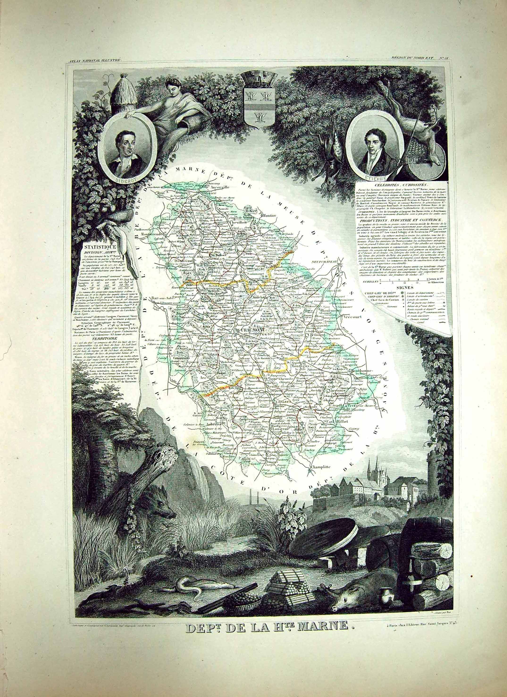 Old Print French Map Levasseur C1845 De La Marne France Chaumont Montier 19th