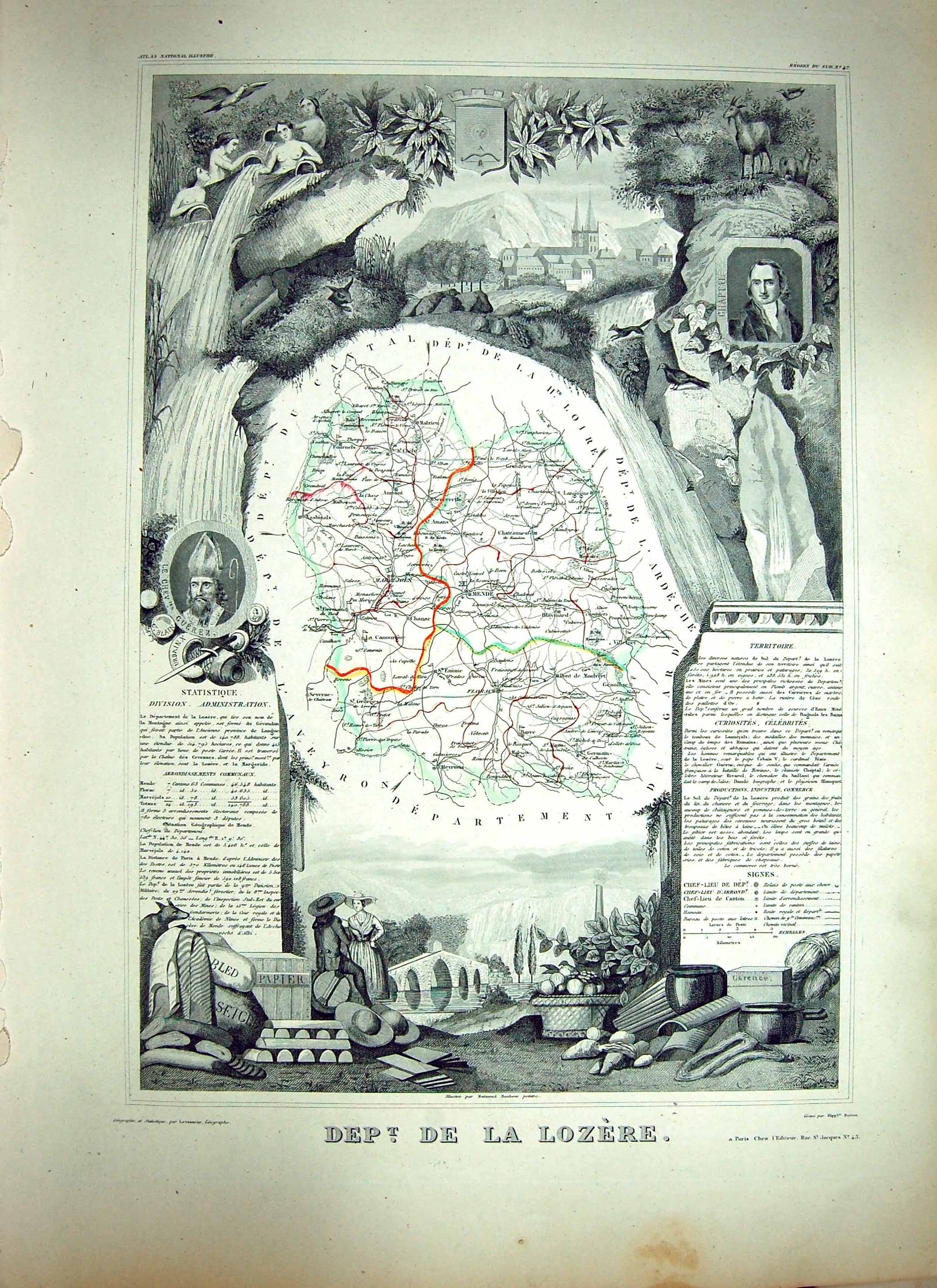 Antique Print French Map Levasseur C1845 De La Lozere France Mende Florace 19th