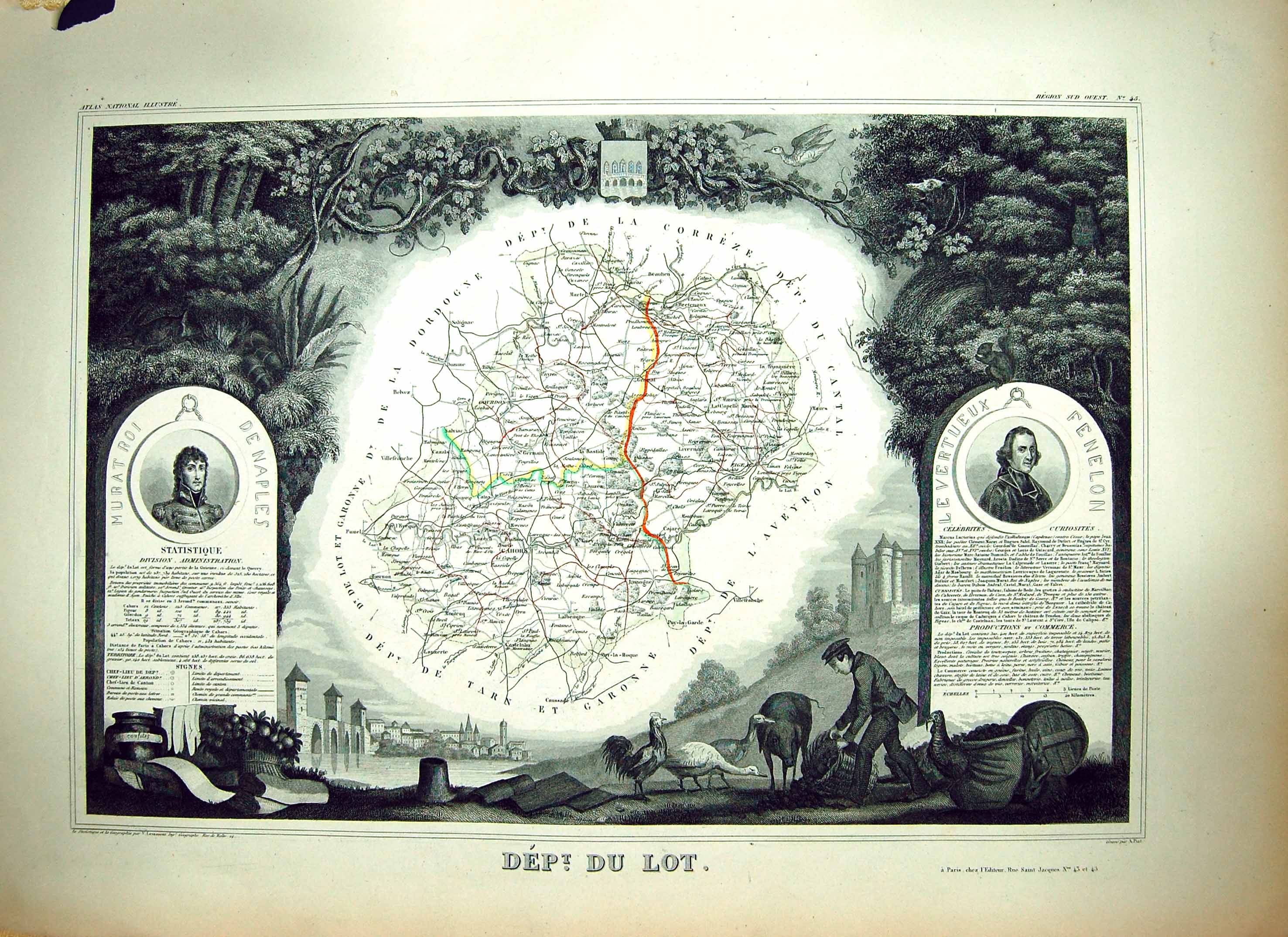 Old French Map Levasseur C1845 Du Lot France Cahors Fenelon Denaples Victorian