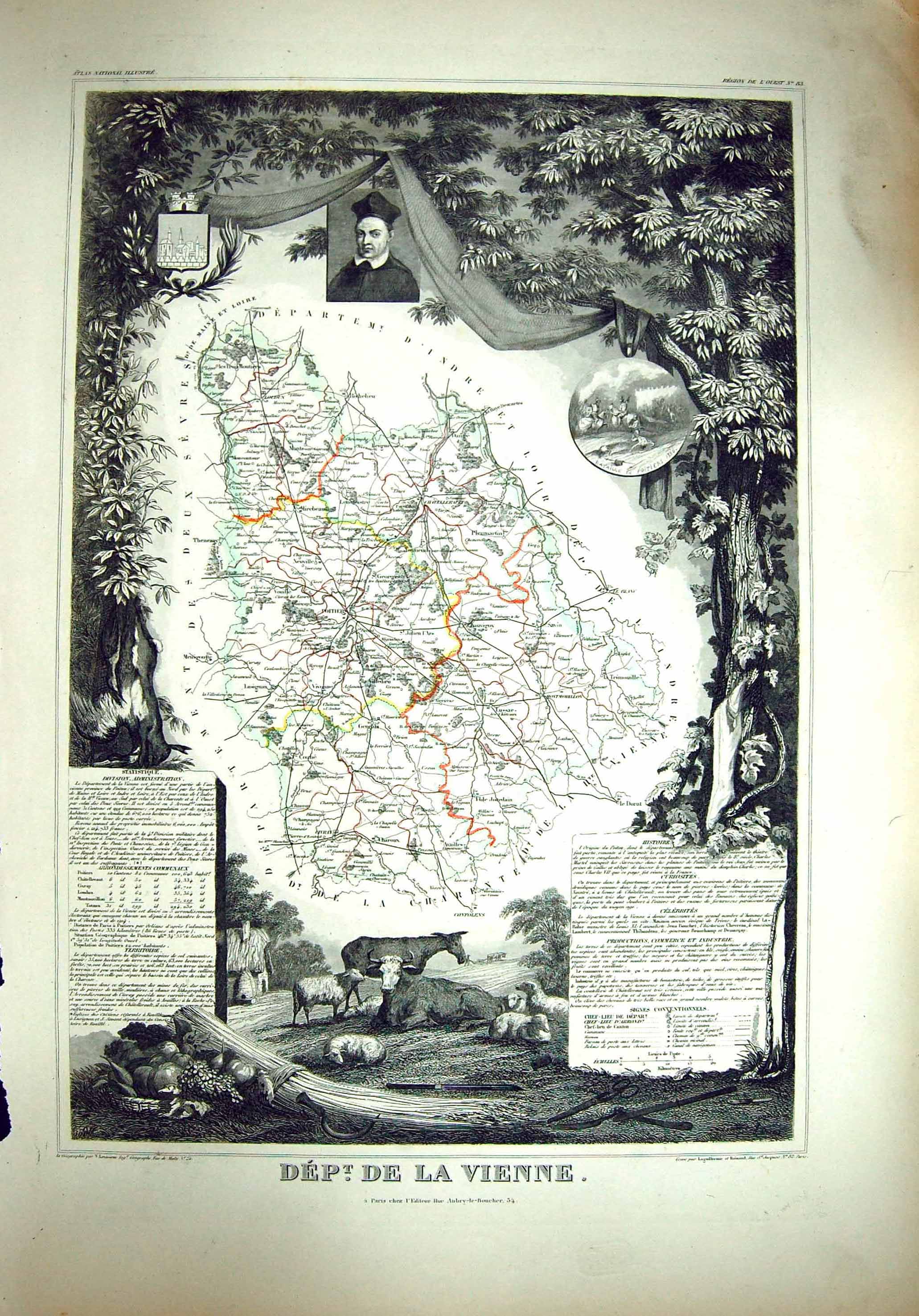 Antique Print French Map Levasseur C1845 De La Vienne France Poitiers Loire