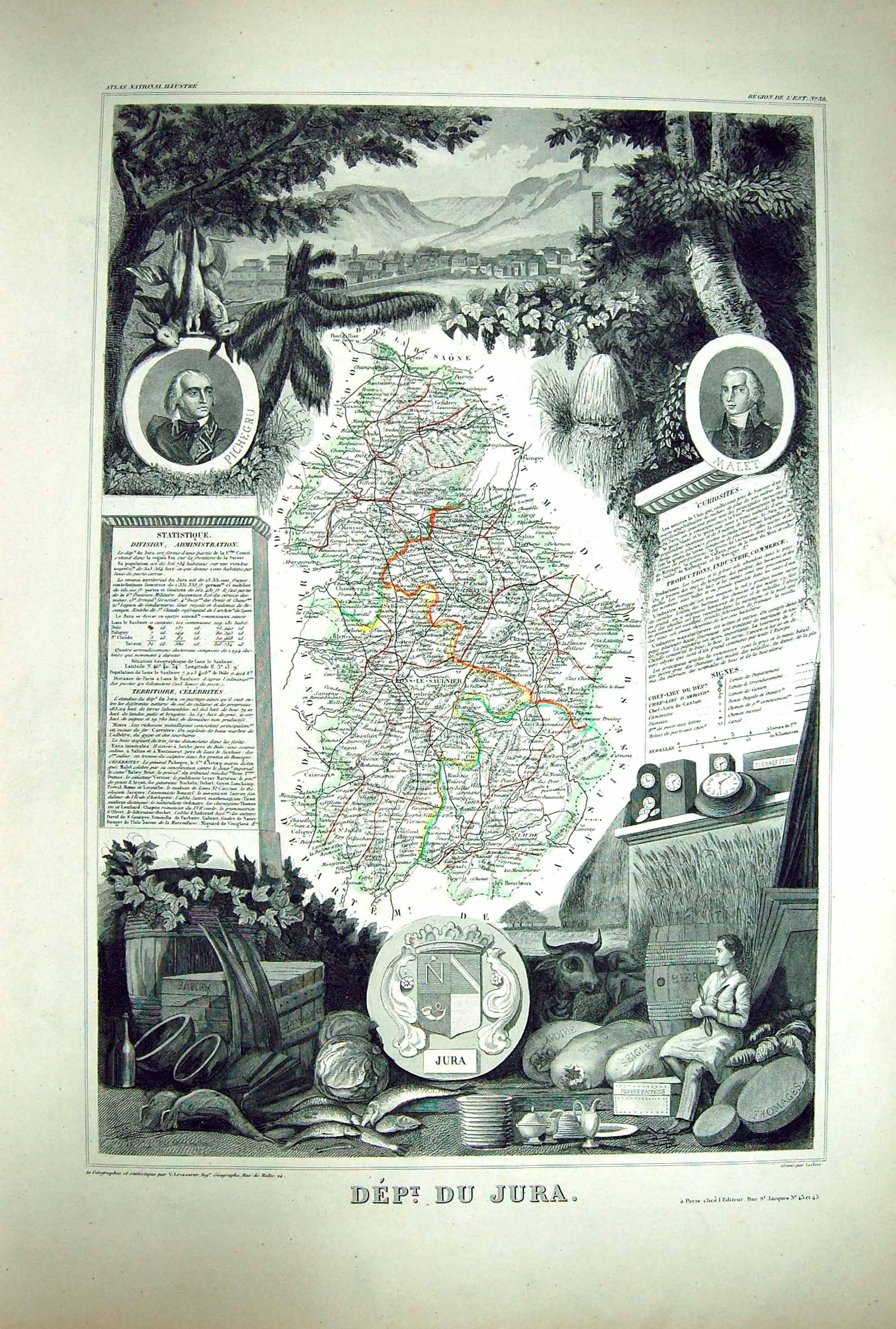 Old French Map Levasseur C1845 Du Jura Pichegru Malet Lons-Le-Saulnie Victorian