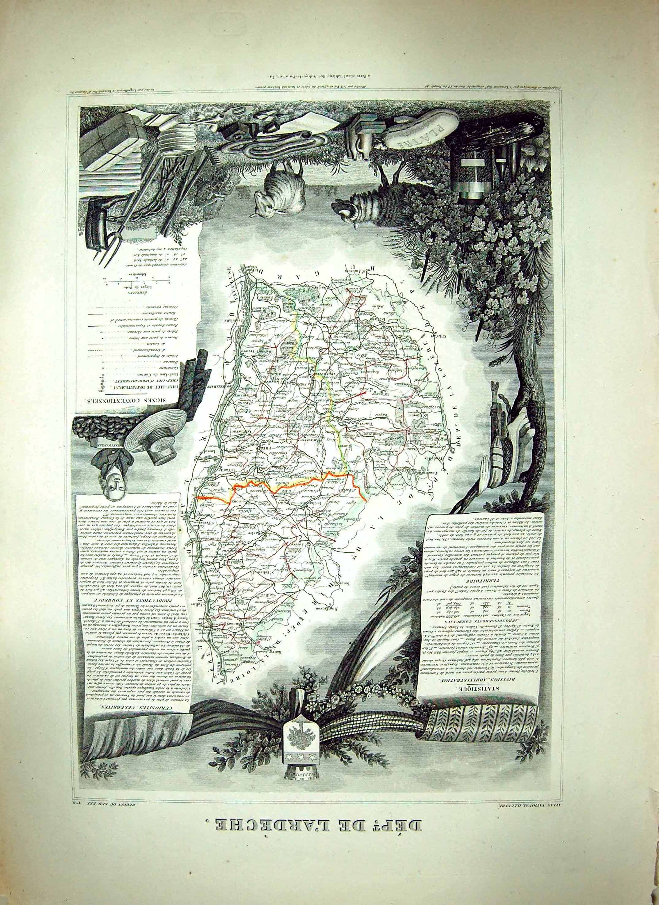 Old Print French Map Levasseur C1845 De L'Ardeche France Viviers Montpeza 19th