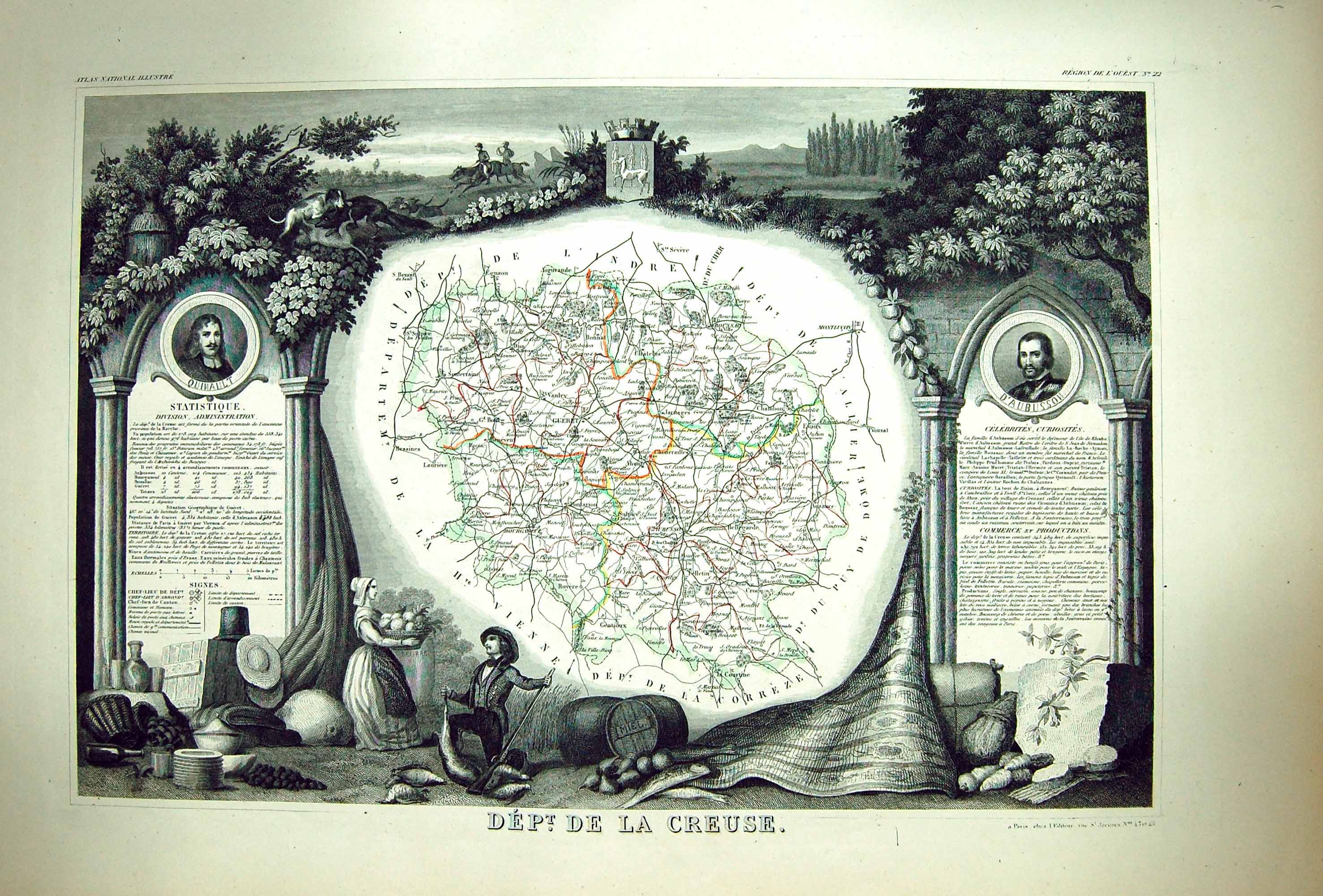 Antique Print French Map Levasseur C1845 De La Creuse France Gueret Du Cher