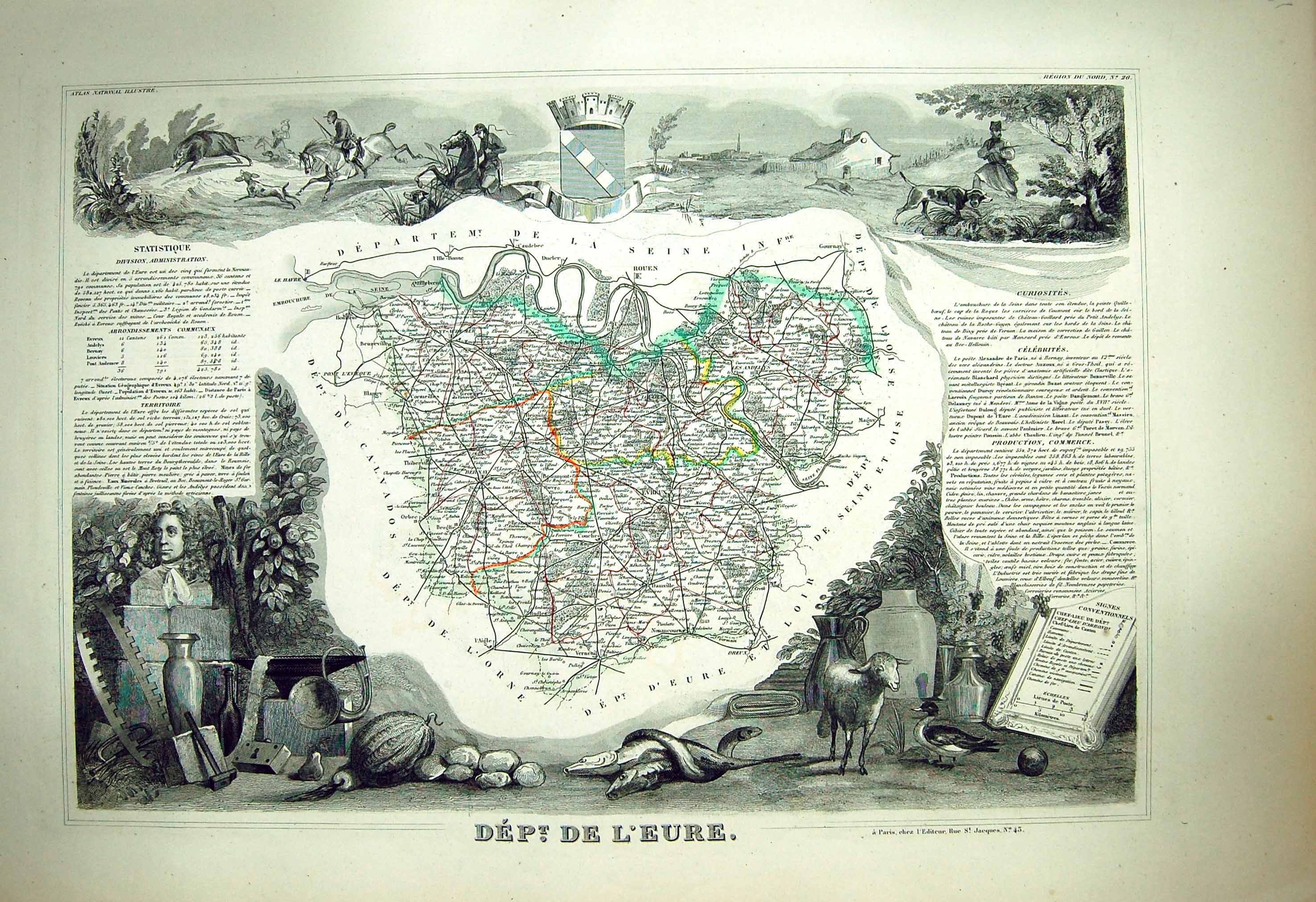 Antique Old Print French Map Levasseur C1845 De L'Eure France Evreux Rouen 19th