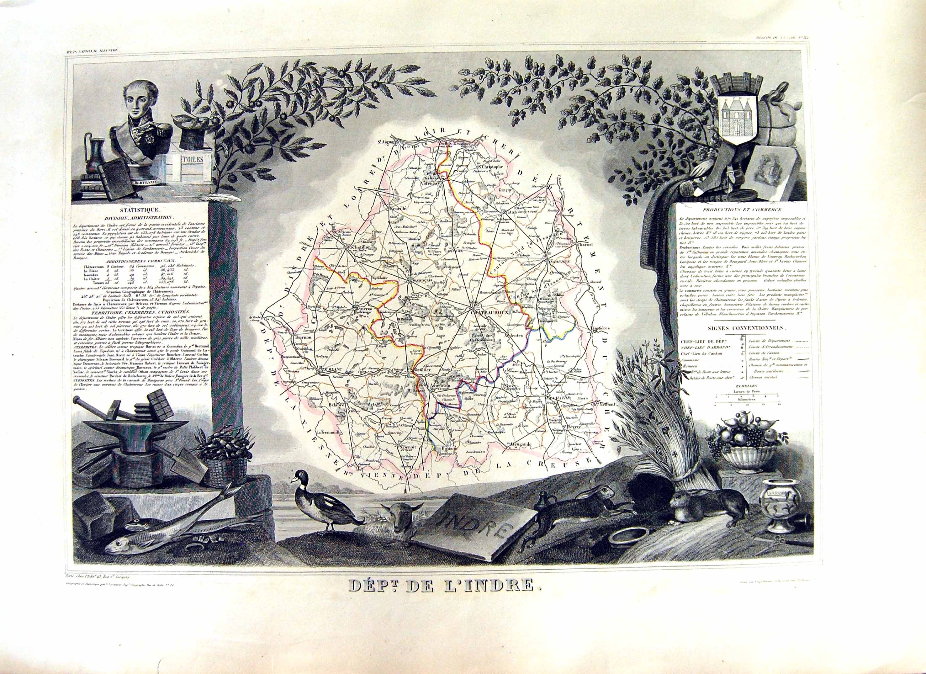 Old Print French Map Levasseur C1845 De L'Indre France Chateauroux Chatre 19th