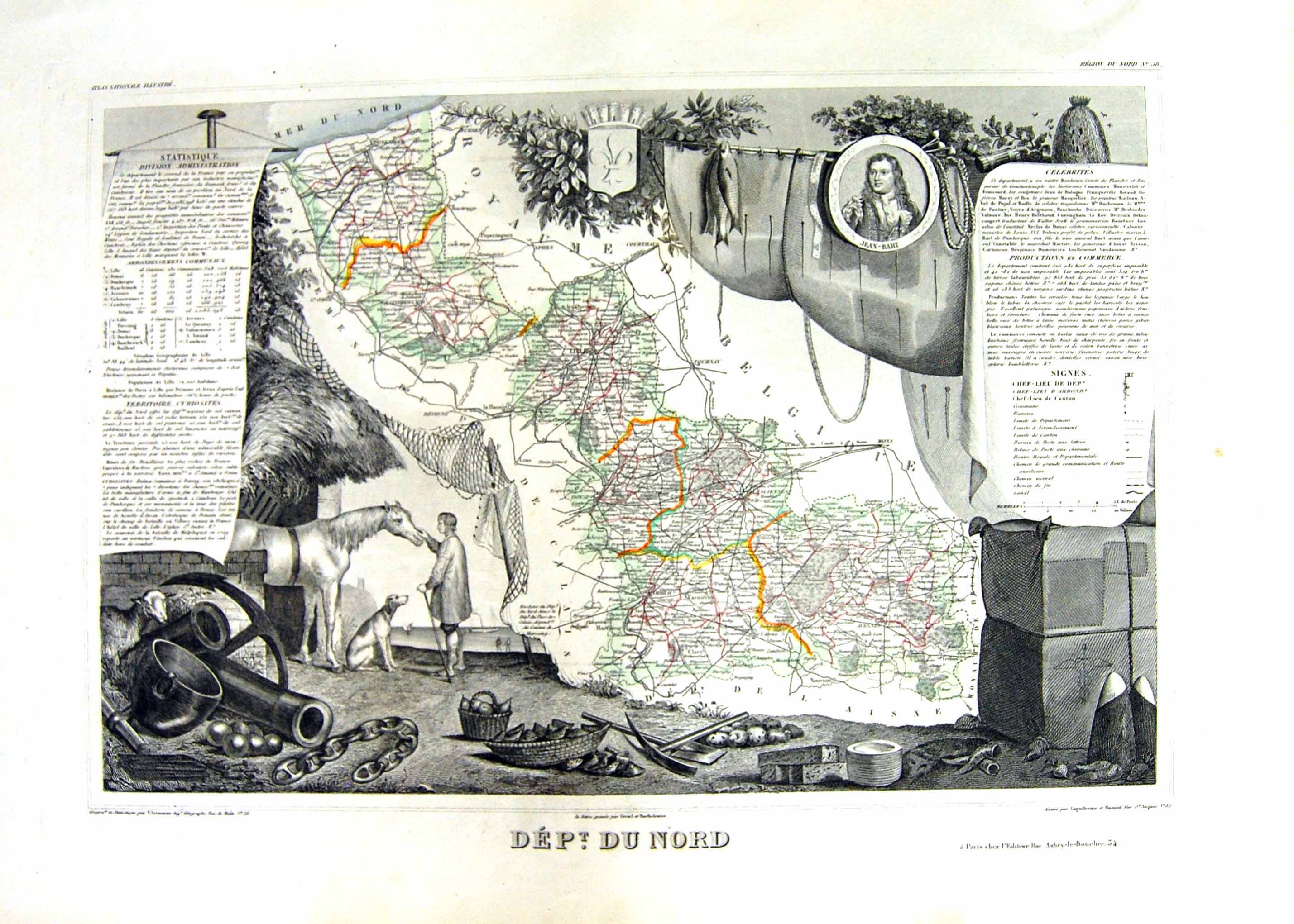 Old French Map Levasseur C1845 Du Nord France Jean-Bart Lille Avesnes Victorian