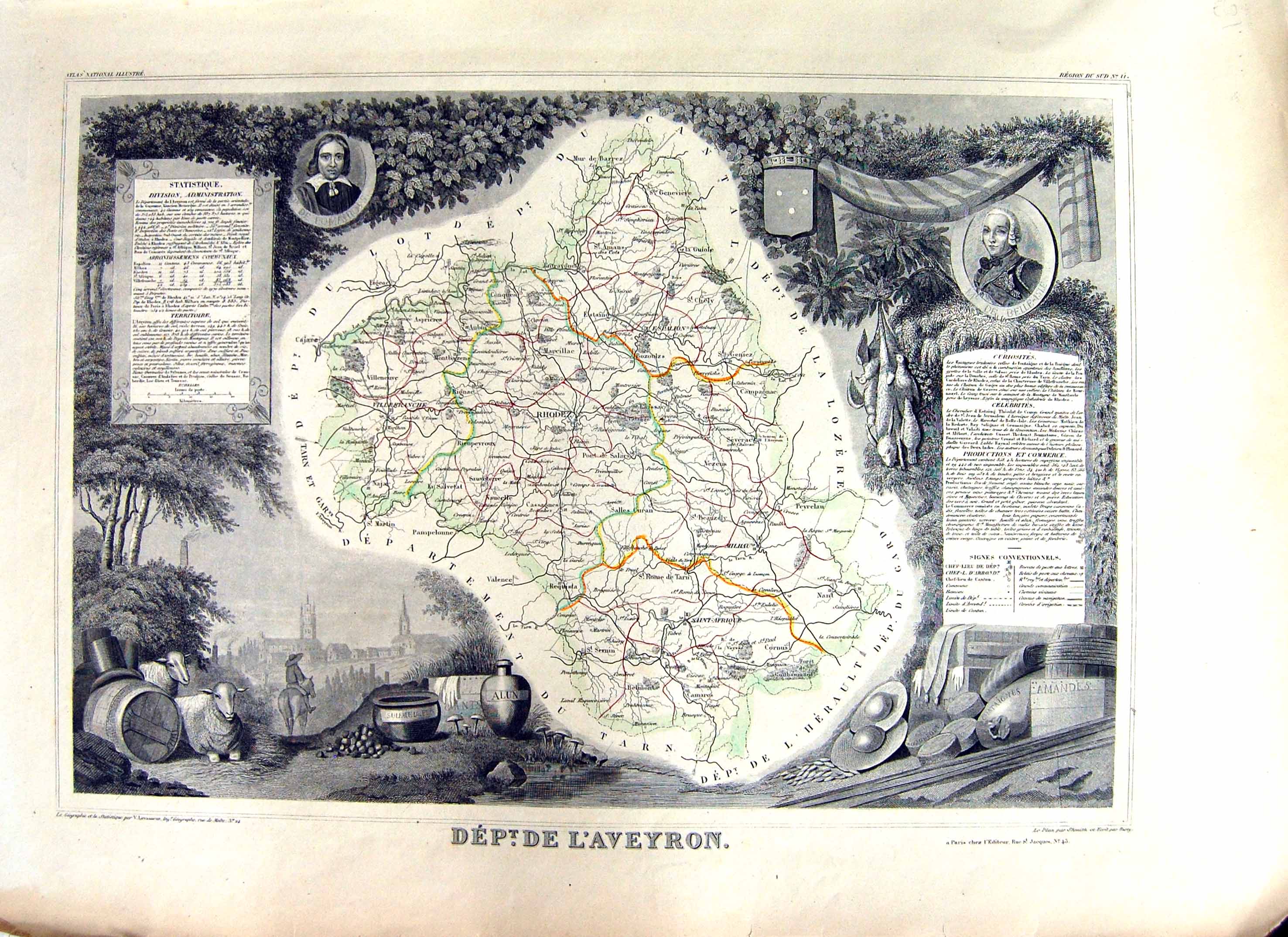 Old French Map Levasseur C1845 De L'Aveyron Rhodez Villefranche Franc Victorian