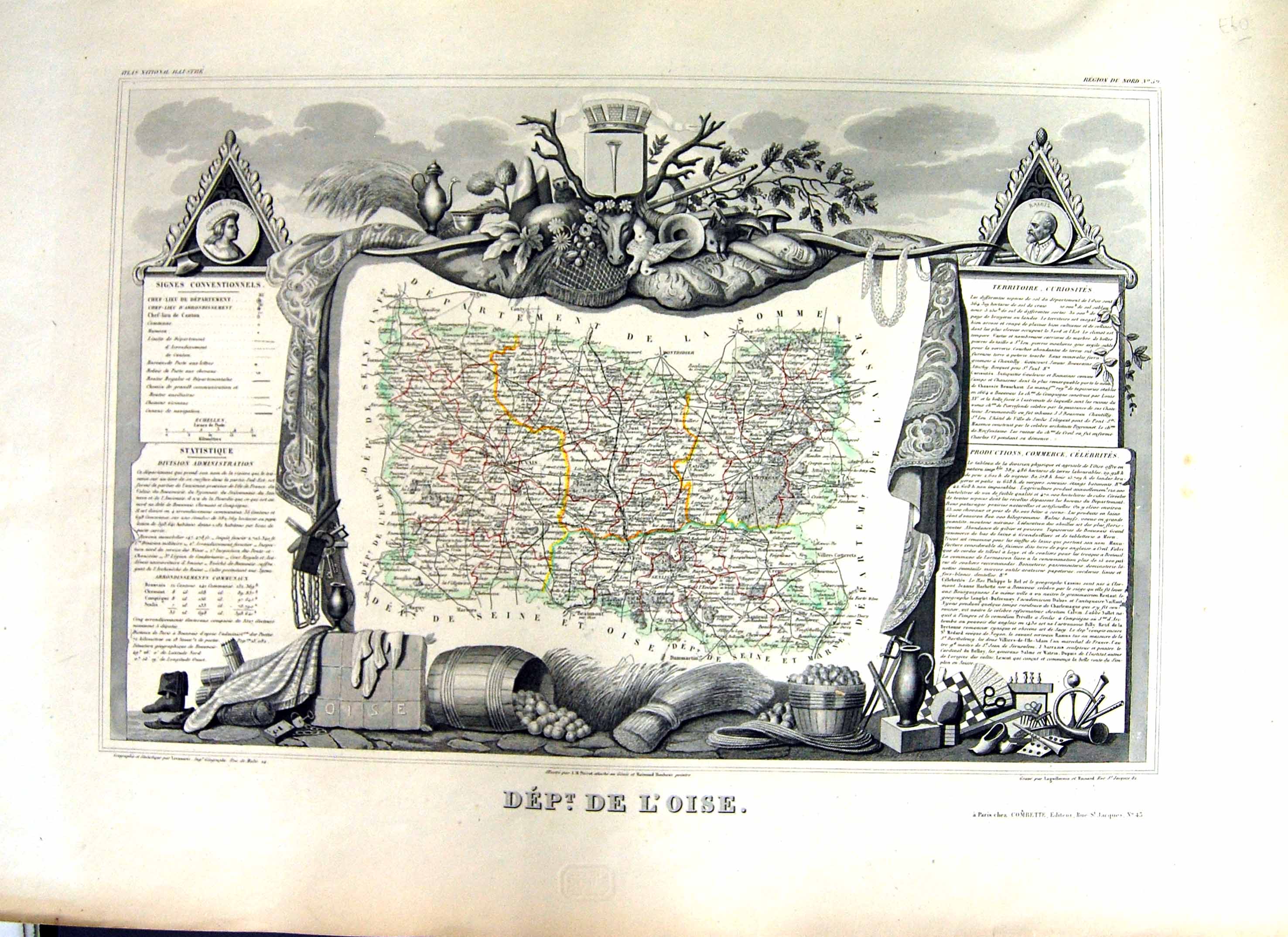 Old Print French Map Levasseur C1845 De L'Oise France Beauvais Compiegne 19th