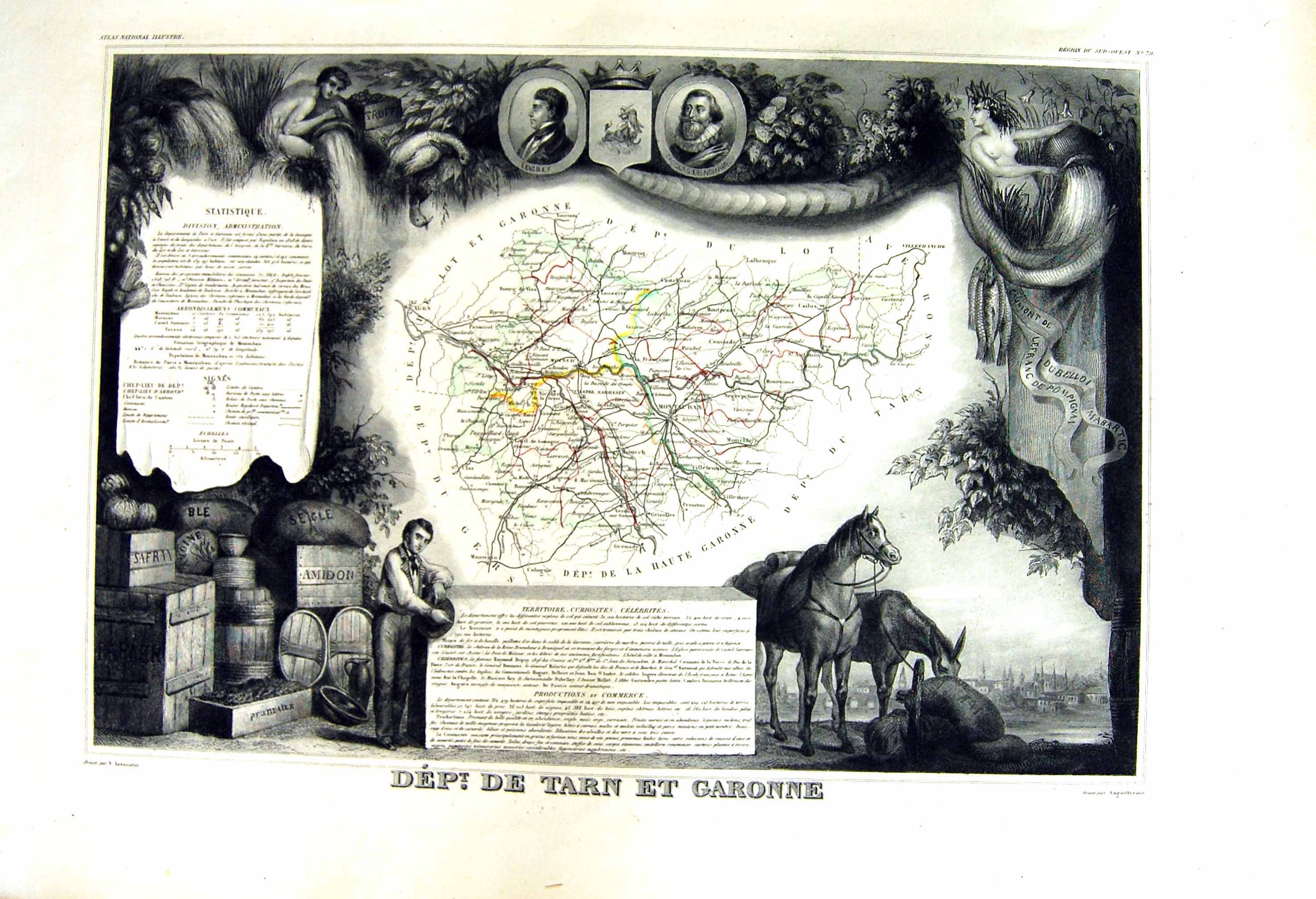 Old Print French Map Levasseur C1845 De Tarn Et Garoone France Montauban 19th
