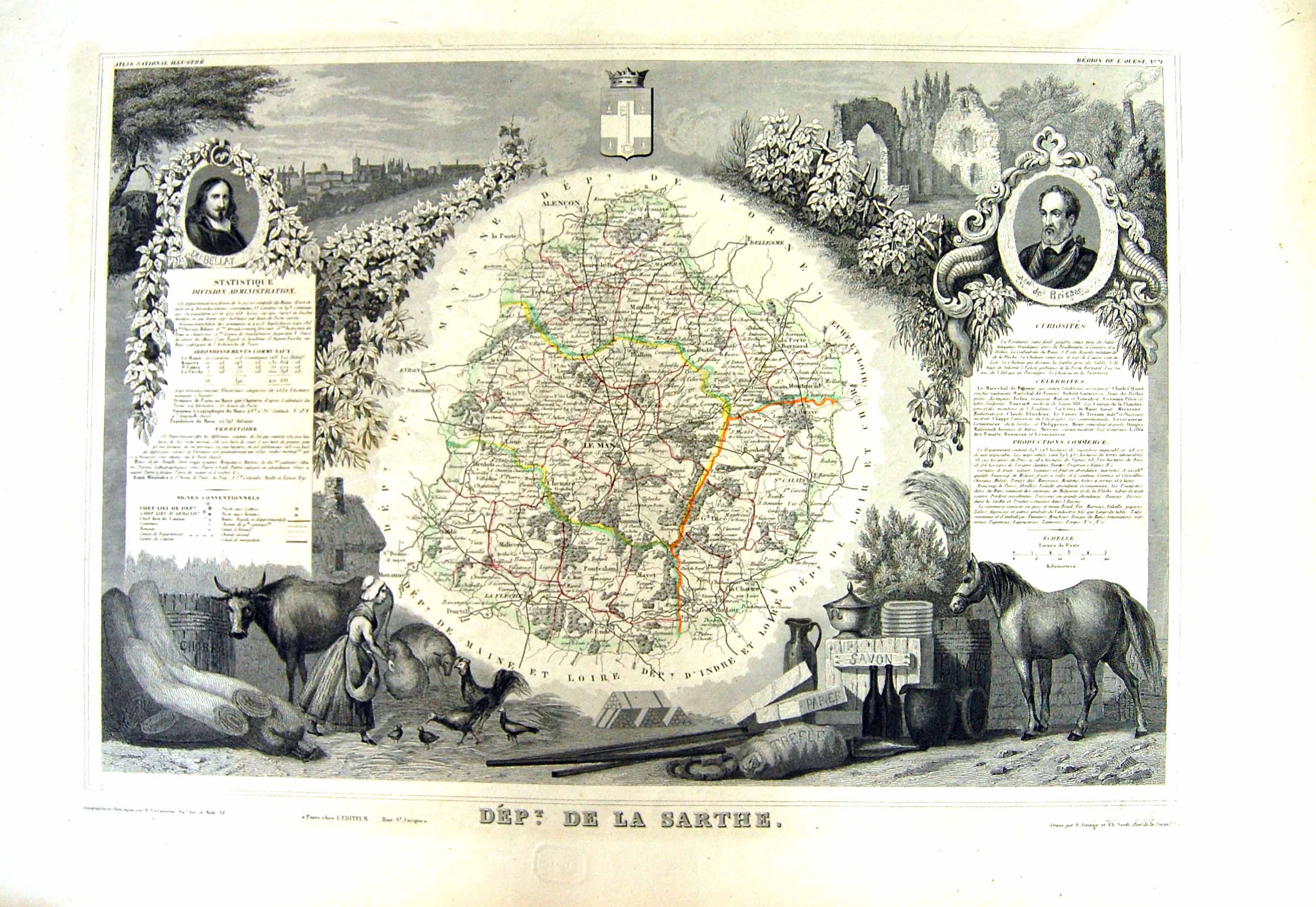 Old French Map Levasseur C1845 De La Sarthe France Le Mans St. Calais Victorian