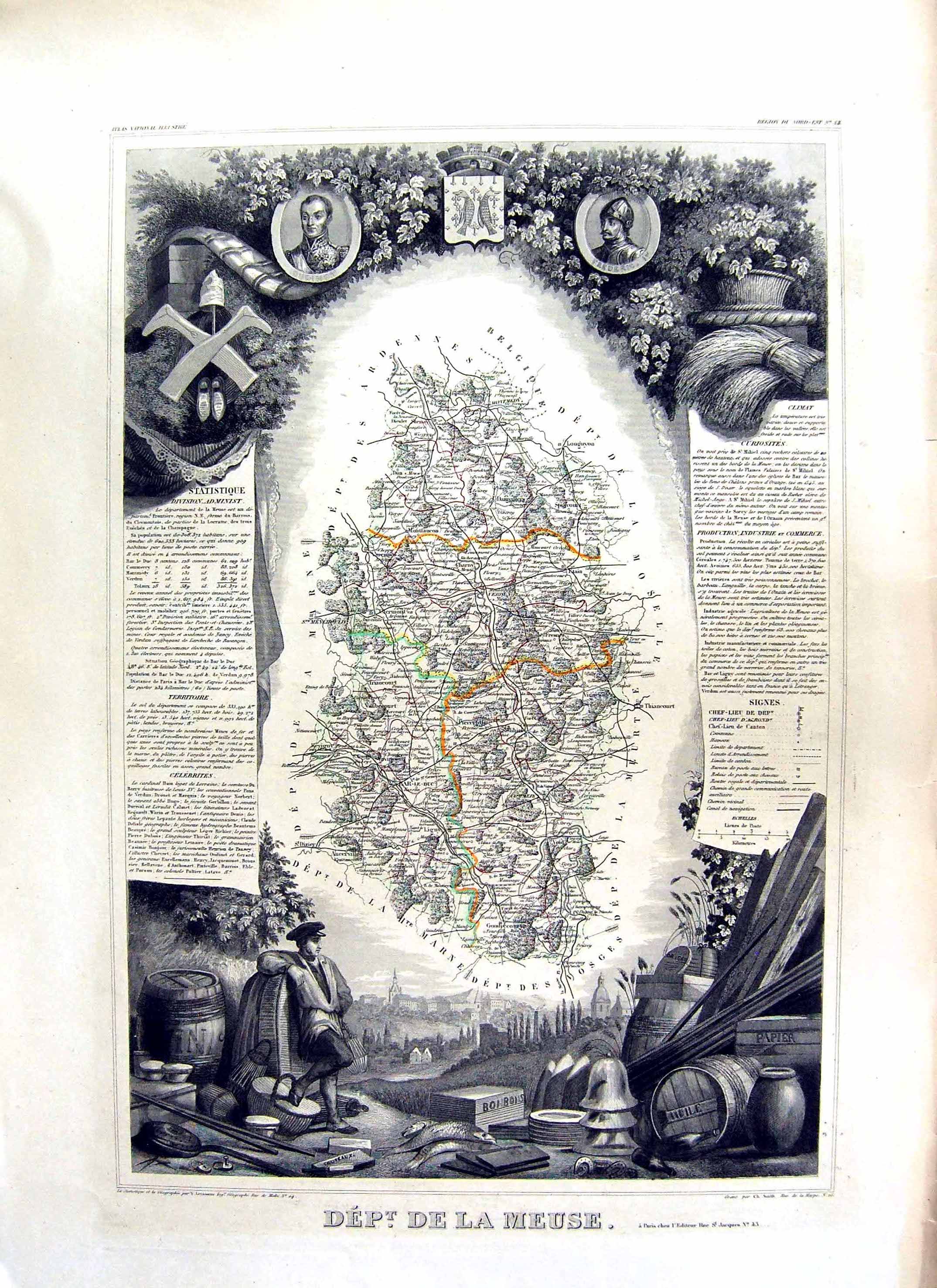 Old French Map Levasseur C1845 De La Meuse France Thiancourt Frederic Victorian
