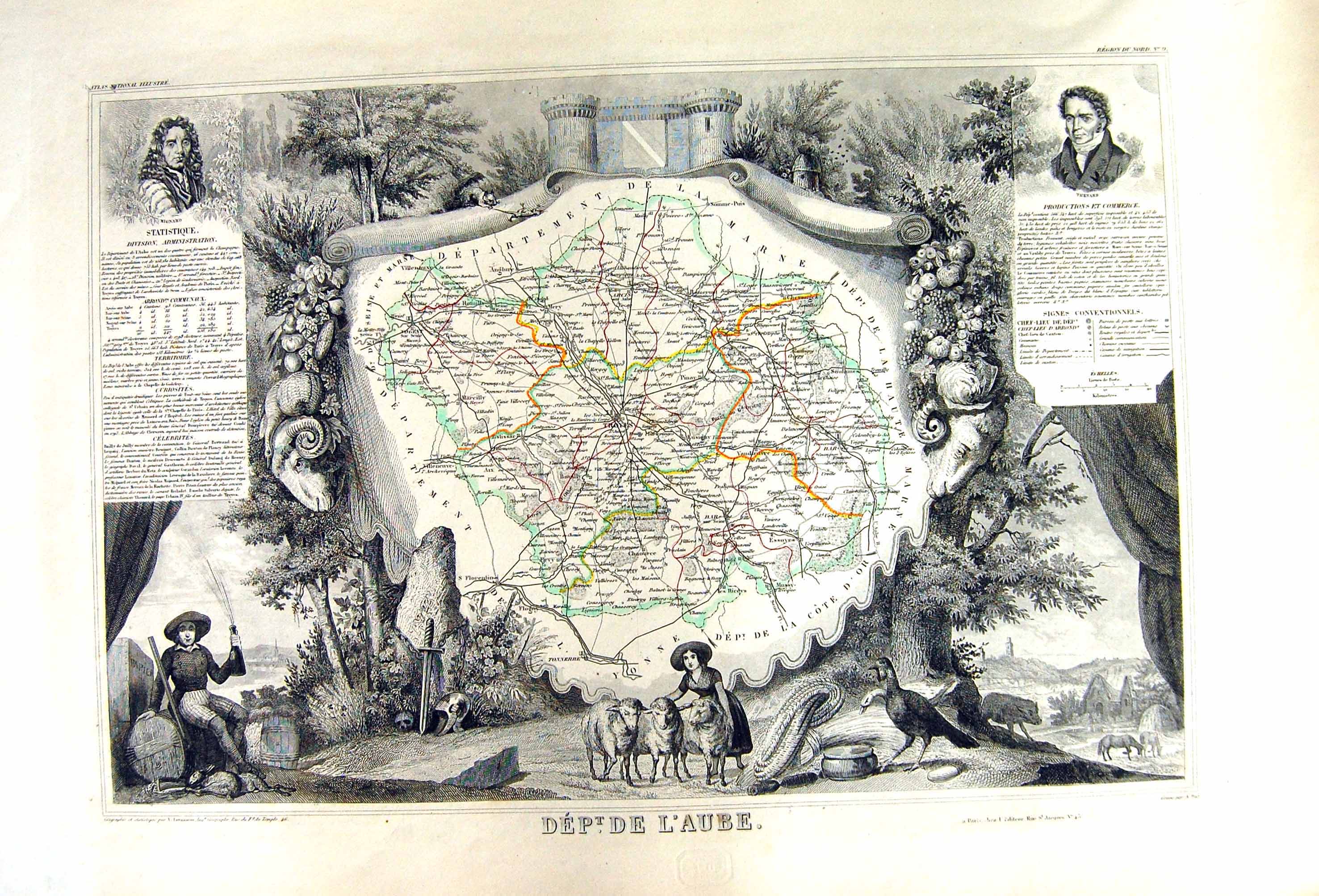 Old French Map Levasseur C1845 De L'Aube France Troyes Thenard Mignar Victorian