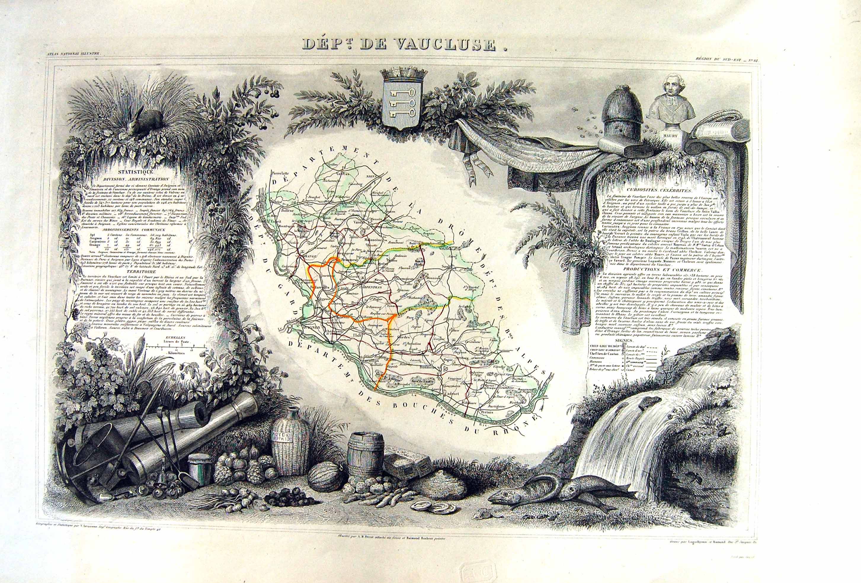 Antique Print French Map Levasseur C1845 De Vaucluse Avignon Orange France 19th